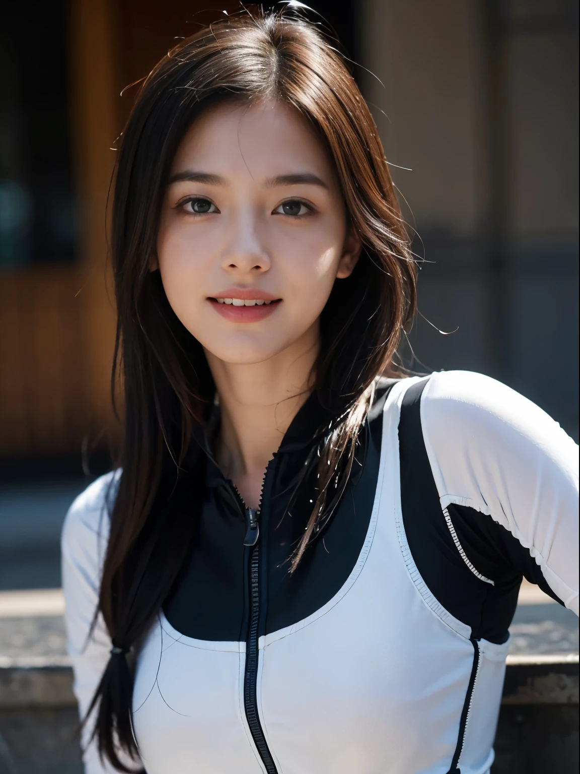 Best image quality, Excellent details, Ultra-high resolution, (realism: 1.4), ((close:0.75)), A very condensed woman, Beautiful and delicate facial features, Perfect Proportions, Target your audience, ((Target your audience)), (slim:0.3, Large Breasts), (Fabric color base ratio black:0.4 White:0.5. Other colors:0.1), (Wearing a rash guard and preferring a police uniform, Black and grey mech, Wearing a high-tech nylon military suit, Military Harness, ), captain, Background Simple gray wall,full body.