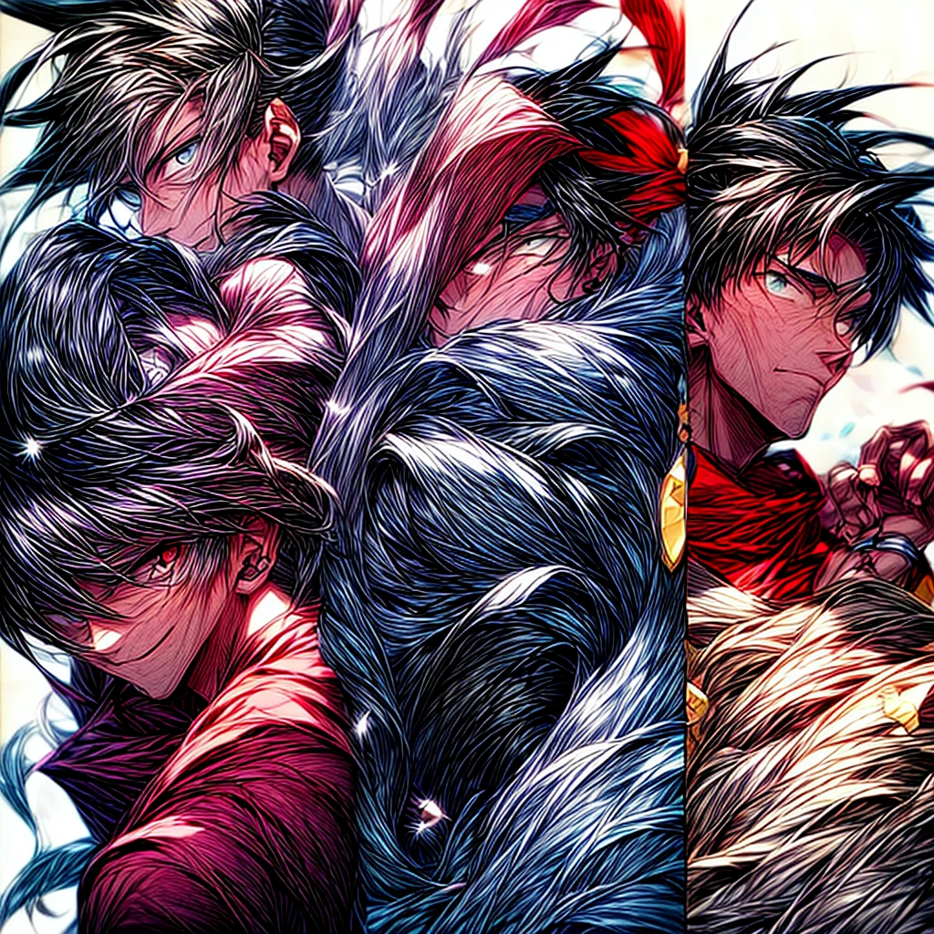 ((best quality、A masterpice))、Two anime handsome men、knights、black  hair、a blond、Blue eyes、Golden Eyes、sirius a and sirius b、Comic art、high quality fanart、from cryptid academia、inspired by Masanobu Okumura、epic anime style、detailed fan art、Akihiko Inoue and Rostran