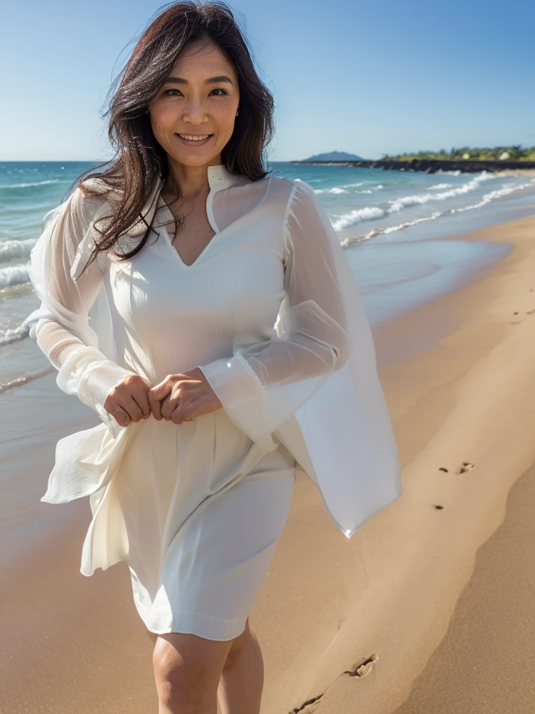 ((Top Quality)), ((8K)), ((Masterpiece: 1.3)), (Perfect Appearance), (Photorealism: 1.6), (Japanese woman walking on the beach: 1.4), (sandy beach at sunset), japanese woman, (48 years old), (back view), ((Standing upright, facing forward, center of screen)), ((Realistic skin texture)), (Fine wrinkles throughout the skin), (Dull skin), (Skin without moisture) , (Wrinkles on the face), (Wrinkles on the corners of the eyes), Double eyelids, tear bags on the lower eyelids, The eyes are looking here, serious gaze, smile with the corners of the mouth raised wide, straight medium length, hair fluttering in the wind, soft fabric blouse, (through white blouse: 1.3), (Plump and glamorous body), (wide sleeves), (Cuffs that fit your wrist), (The hem of the blouse is tucked into the skirt: 1.2), flare skirt, (Bare feet wet with seawater), (face close-up: 1.3), Angle from feet: 1.2,