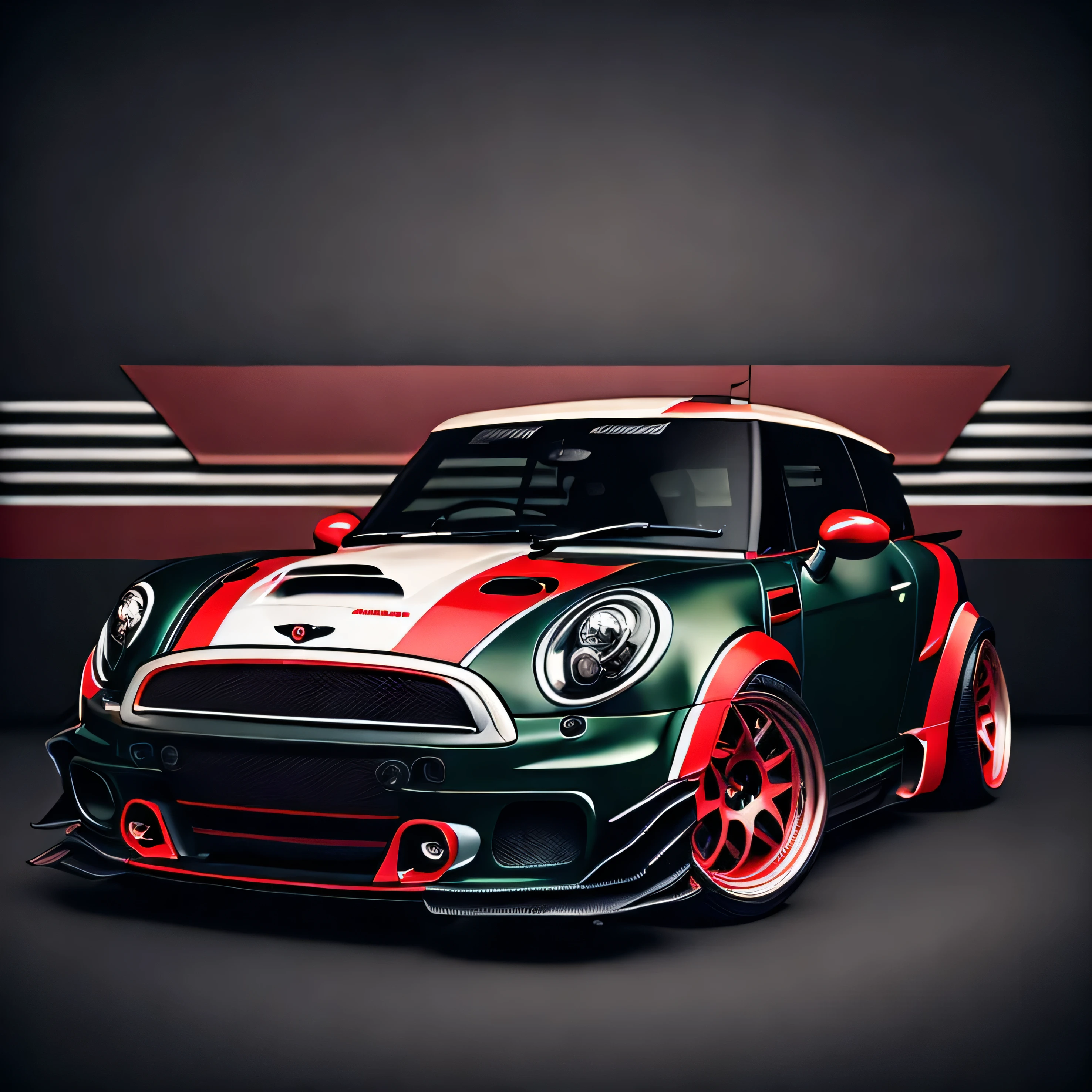 Artwork for t-shirt graphic design, a modern graphic design, classic green Mini Cooper S, ((carbon fibre, Liberty walk ultra wide body kit)), aggressive stance ((background: outside old industrial style building, large windows in background, overcast sky, heavy industrial look, cobble stone street)), 8K quality, realistic, realism, sharp, detailed, ultrawide, black and carbon fibre and deep candy colour scheme, front profile, epic stance, epic ultra wide body kit, super low stance, aggressive looks , street, bold red, background British flag in vintage pastel tone, highly detailed clean, vector image, realistic masterpiece, professional photography, realistic car, car sunrise background, flat black background, isometric, vibrant vector