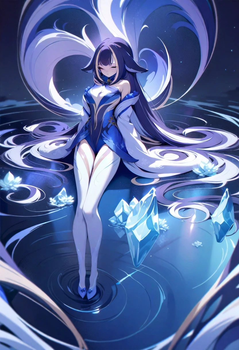 (shylily/(Twich/):1.5),(masterpiece:1.2),(best quality:1.2),best quality,masterpiece,8k,Fractal Art,A girl,Long hair,Long legs,ice and water,Queen Style,