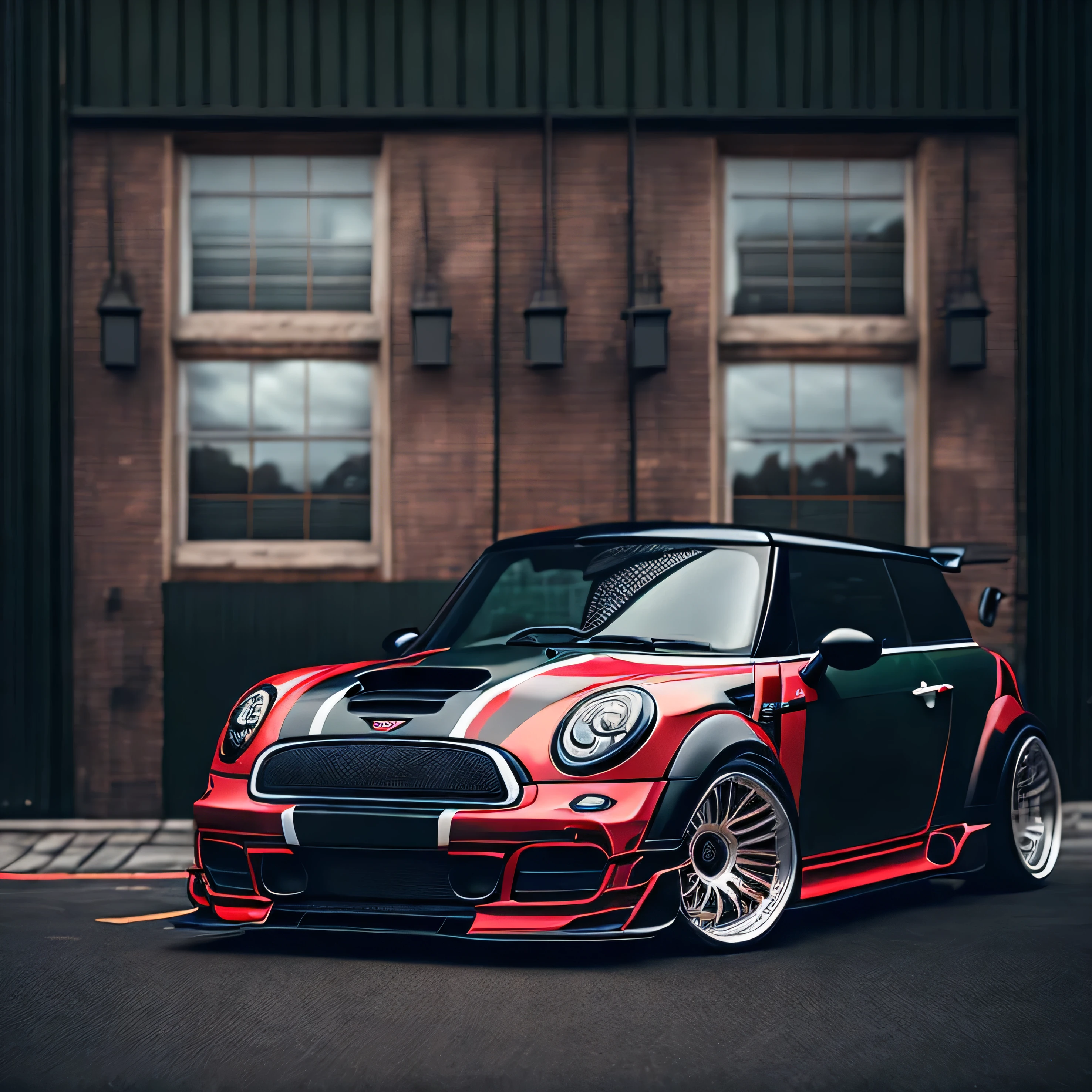 Artwork for t-shirt graphic design, a modern graphic design, classic green Mini Cooper S, ((carbon fibre, Liberty walk ultra wide body kit)), aggressive stance ((background: outside old industrial style building, large windows in background, overcast sky, heavy industrial look, cobble stone street)), 8K quality, realistic, realism, sharp, detailed, ultrawide, black and carbon fibre and deep candy colour scheme, front profile, epic stance, epic ultra wide body kit, super low stance, aggressive looks , street, bold red, background British flag in vintage pastel tone, highly detailed clean, vector image, realistic masterpiece, professional photography, realistic car, car sunrise background, flat black background, isometric, vibrant vector