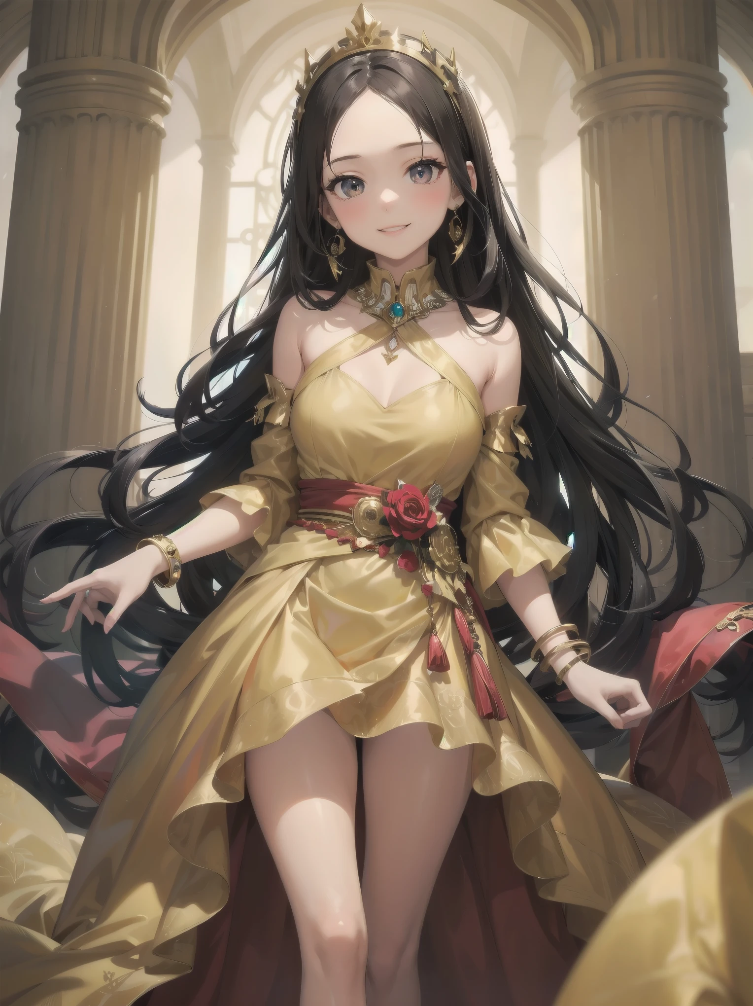 1girl, , smile, looking at viewer, solo, gold dress, jewelry, bracelet, earring, detached sleeves, forehead, long hair, palace