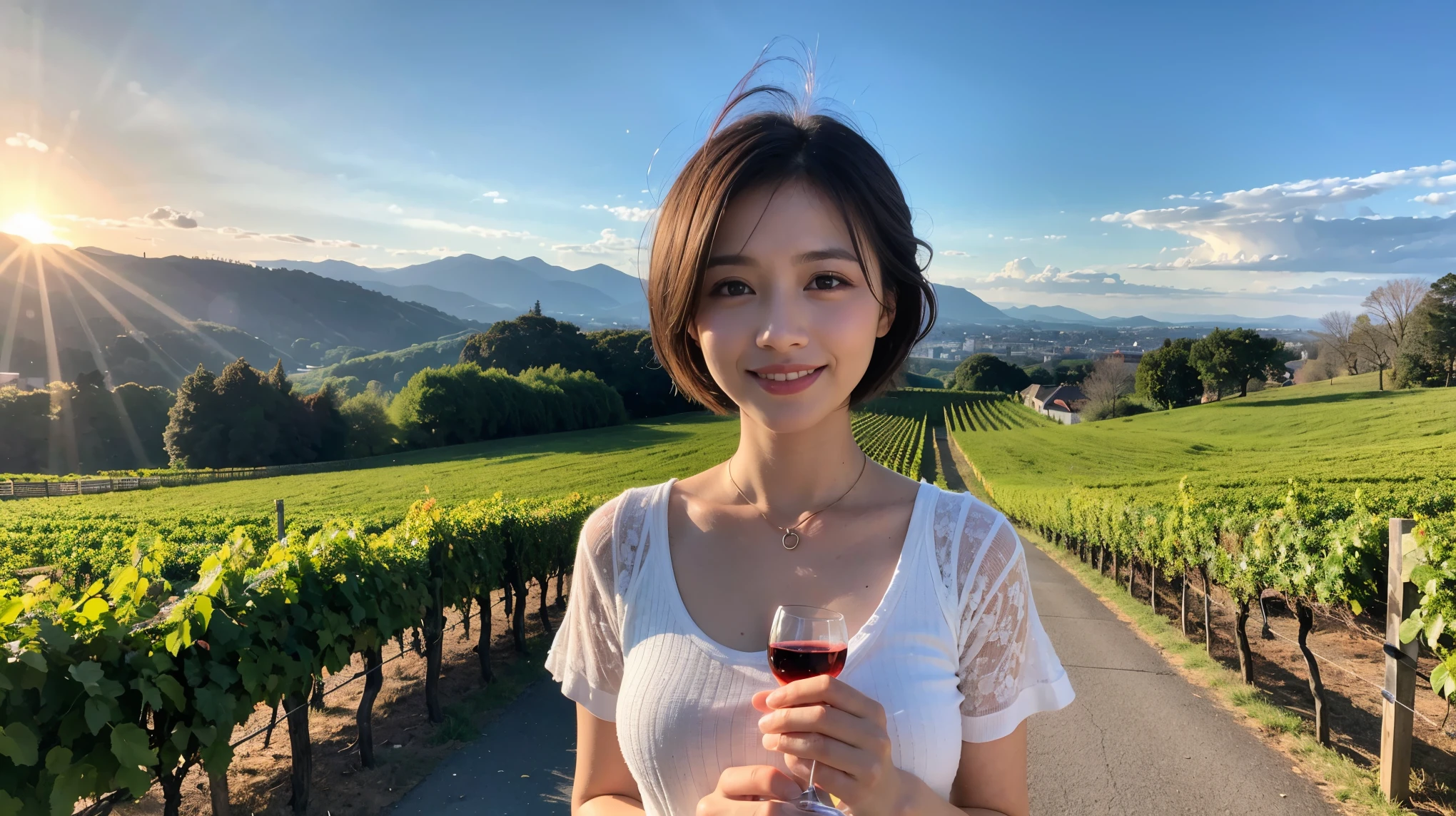 (to be born, highest quality, masterpiece:1.5), (Realistic, Intricate details:1.2), Ultra-high resolution, Confused,Bright image、2 wine Beauties, Beautiful Face, blue eyes, Beautiful Eyes, Symmetrical eyes, The light shines on your face, Blushing your nose, short hair,Amazing view of the sunset sky and clouds、Amazing mountain views、ニコニコ明るいsmile、smileの素敵な女性、that woman&#39;Bright Face、Fox face、Lady、wine 、Appetizers、Italian food、Two beauties、Brown Hair、Shortcuts、Long sleeve shirt、Winter Fashion、dress、Japanese、Englishman、Dutch、German、Belgian、Italian、French,wineボトル、Appetizers、Champagne、スパークリングwine、Pretty Woman 1, (slimな顔), (Because I&#39;thin), (Brown Hair), (Shortcuts), cheeks turn a little red, (44 years old), 42 years old, Attractive beauty、, Outside the window, a beautiful and detailed night view unfolds............, restaurant, wineグラスに座って, At night, In a prominent place (From the waist up) Nova Frog Style, actress, model, Upper Body, 白wine, slim, wineグラス, Very beautiful night view, 真ん中に置かれたwineグラス, smile, (smile: 1.15), 綺麗なBeautiful Eyes, Depth f/2,saturation, High Contrast, Strong light and shadow