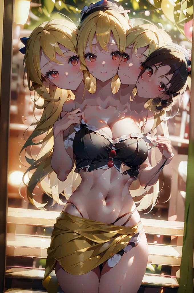 (masterpiece, best quality), best quality, (ultra-detailed), (3heads:1.5), 1girl, (lunasa prismriver:1.3), masterpiece, best quality, white top, crop top, ((stomach)), midriff, ((groin)), black skirt, normal ears, shackles, blonde hair, very long hair, wavy hair, sidelocks, yellow eyes, parted lips, single horn, sweat, cute, toned belly, hand on own chest, eyelashes, (24 year old woman:1.3), (masterpiece:1.4), (best quality:1.4), (beautiful detailed extremely detailed CG, extremely delicate and beautiful, depth of field, (finely detailed face), (perfect details:1.1), (mature female:1.3), wide pelvis, slender, large veiny breast, 8k resolution, high quality, high definition, extremely detailed, masterpiece, best quality, blonde hair, long hair, alluring presence, braid, short skirt, close up, big , young, hair ornament, holding instrument, frills, hat ornament,