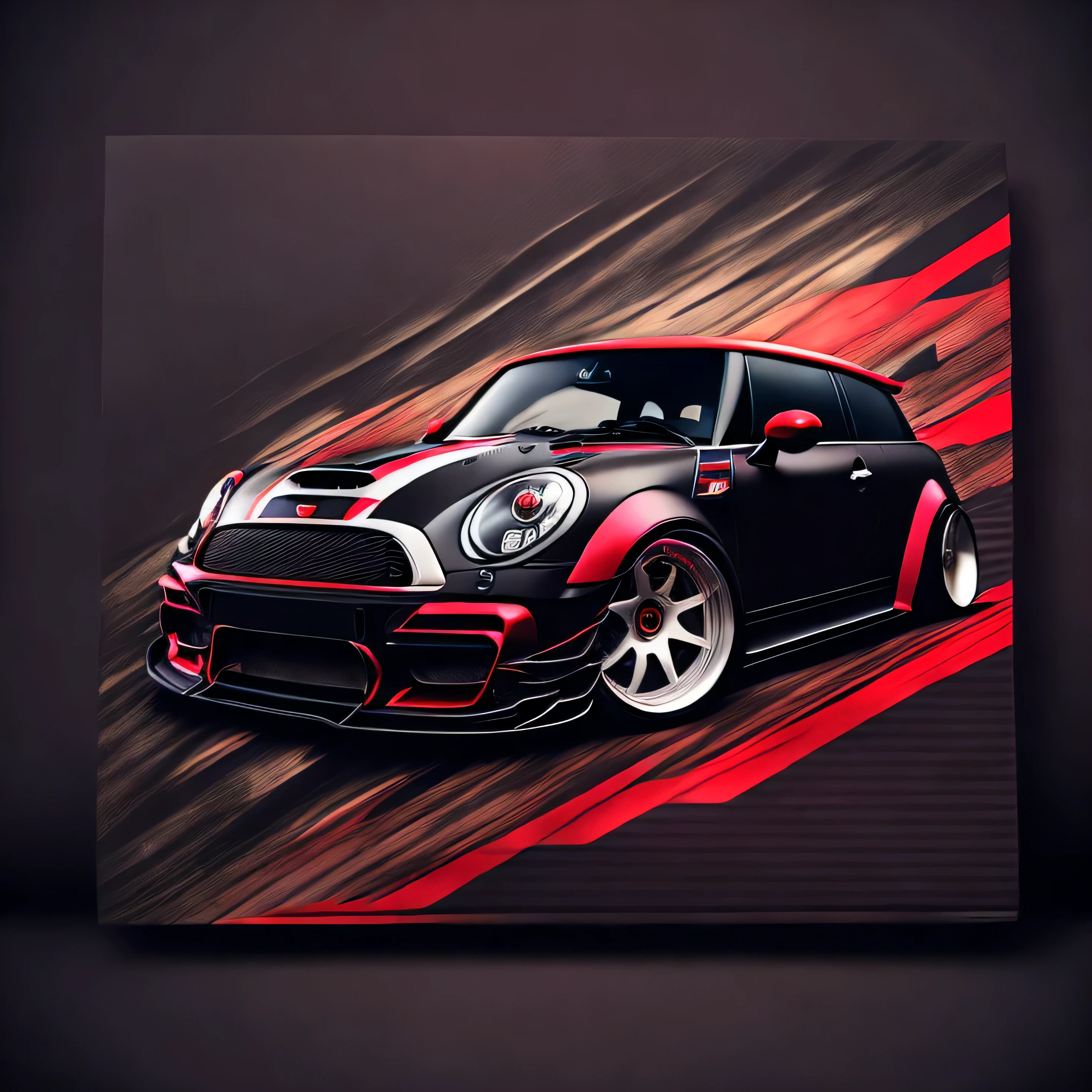 Artwork for t-shirt graphic design, a modern graphic design, classic black with red roof Mini Cooper S, ((carbon fibre, Liberty walk ultra wide body kit)), aggressive stance ((background: outside old industrial style building, large windows in background, overcast sky, heavy industrial look, cobble stone street)), 8K quality, realistic, realism, sharp, detailed, ultrawide, black and carbon fibre and deep candy colour scheme, front profile, epic stance, epic ultra wide body kit, super low stance, aggressive looks , street, bold red, background British flag in vintage pastel tone, highly detailed clean, vector image, realistic masterpiece, professional photography, realistic car, car sunrise background, flat black background, isometric, vibrant vector