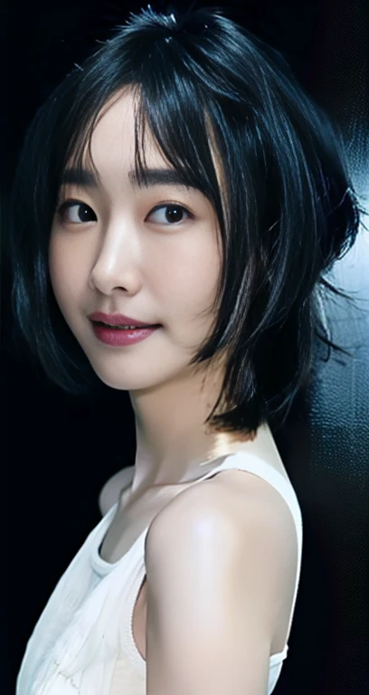highest quality, masterpiece, Ultra-high resolution, (Realistic:1.4), RAW Photos, One girl, Beautiful Japanese Women, Beautiful Skin, Black Hair:1.7, gakki, ((short hair:1.5)), 30 years old, Smile happily:1.2, white tank top