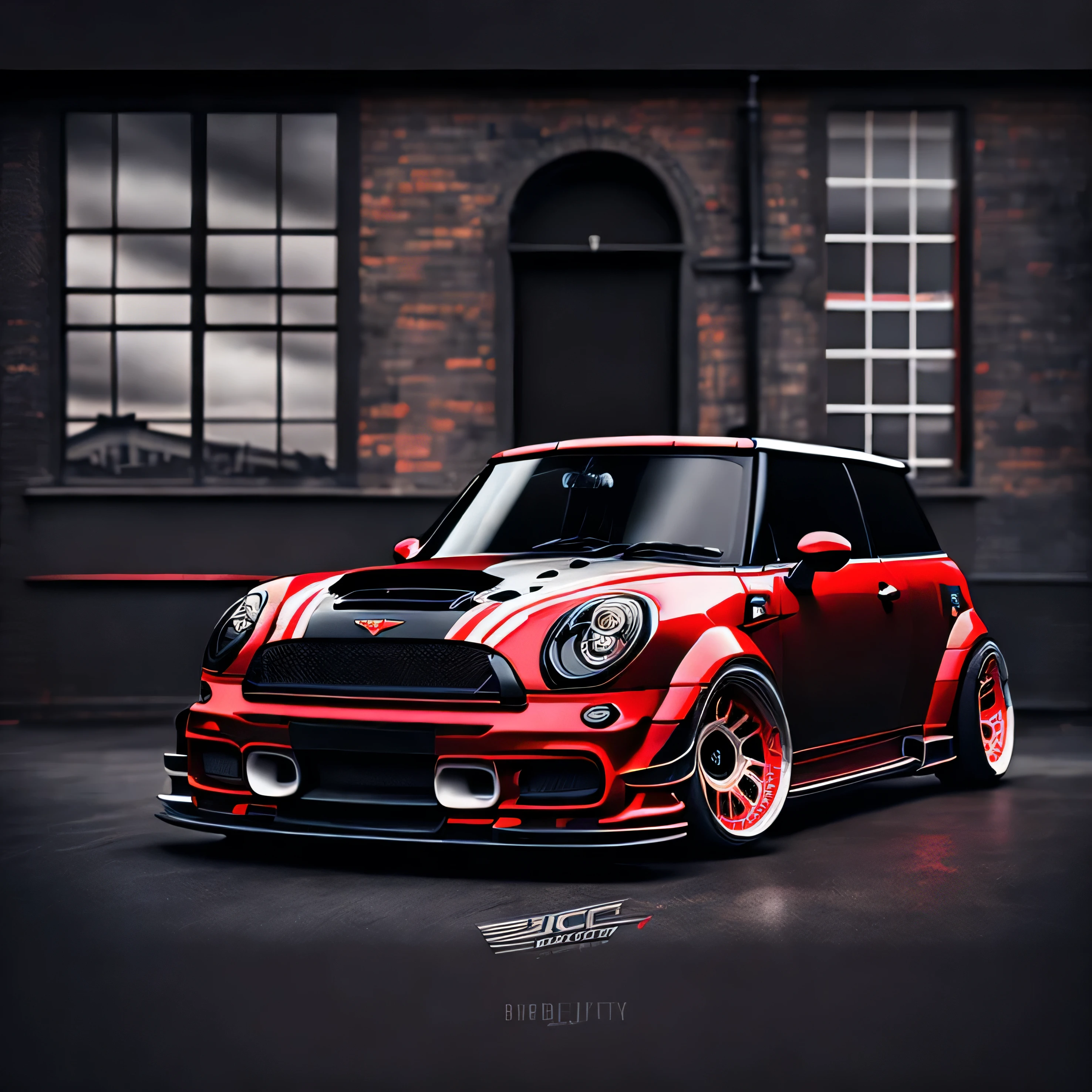 Artwork for t-shirt graphic design, a modern graphic design, classic black with red roof Mini Cooper S, ((carbon fibre, Liberty walk ultra wide body kit)), aggressive stance ((background: outside old industrial style building, large windows in background, overcast sky, heavy industrial look, cobble stone street)), 8K quality, realistic, realism, sharp, detailed, ultrawide, black and carbon fibre and deep candy colour scheme, front profile, epic stance, epic ultra wide body kit, super low stance, aggressive looks , street, bold red, background British flag in vintage pastel tone, highly detailed clean, vector image, realistic masterpiece, professional photography, realistic car, car sunrise background, flat black background, isometric, vibrant vector