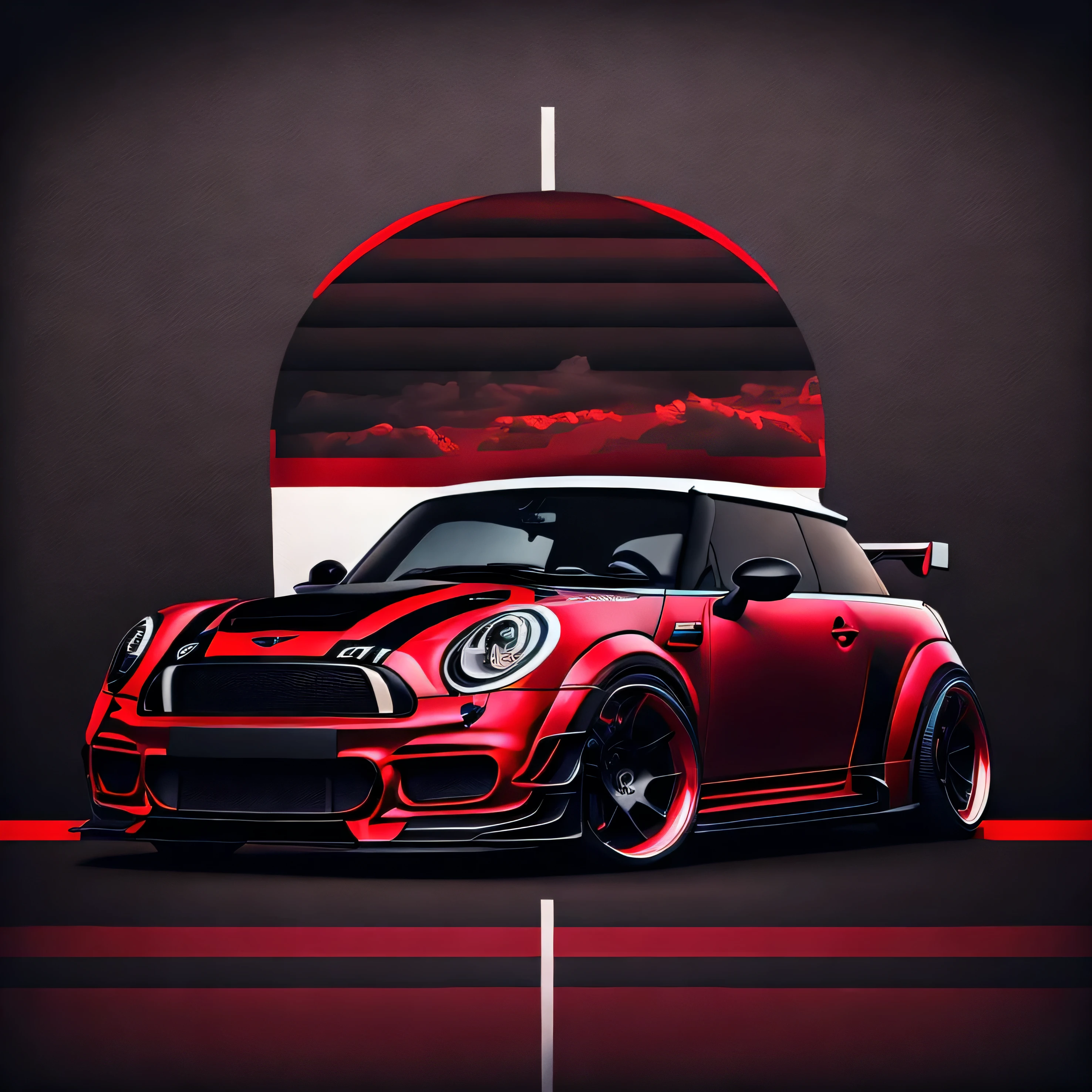 Artwork for t-shirt graphic design, a modern graphic design, classic black with red roof Mini Cooper S, ((carbon fibre, Liberty walk ultra wide body kit)), aggressive stance ((background: outside old industrial style building, large windows in background, overcast sky, heavy industrial look, cobble stone street)), 8K quality, realistic, realism, sharp, detailed, ultrawide, black and carbon fibre and deep candy colour scheme, front profile, epic stance, epic ultra wide body kit, super low stance, aggressive looks , street, bold red, background British flag in vintage pastel tone, highly detailed clean, vector image, realistic masterpiece, professional photography, realistic car, car sunrise background, flat black background, isometric, vibrant vector