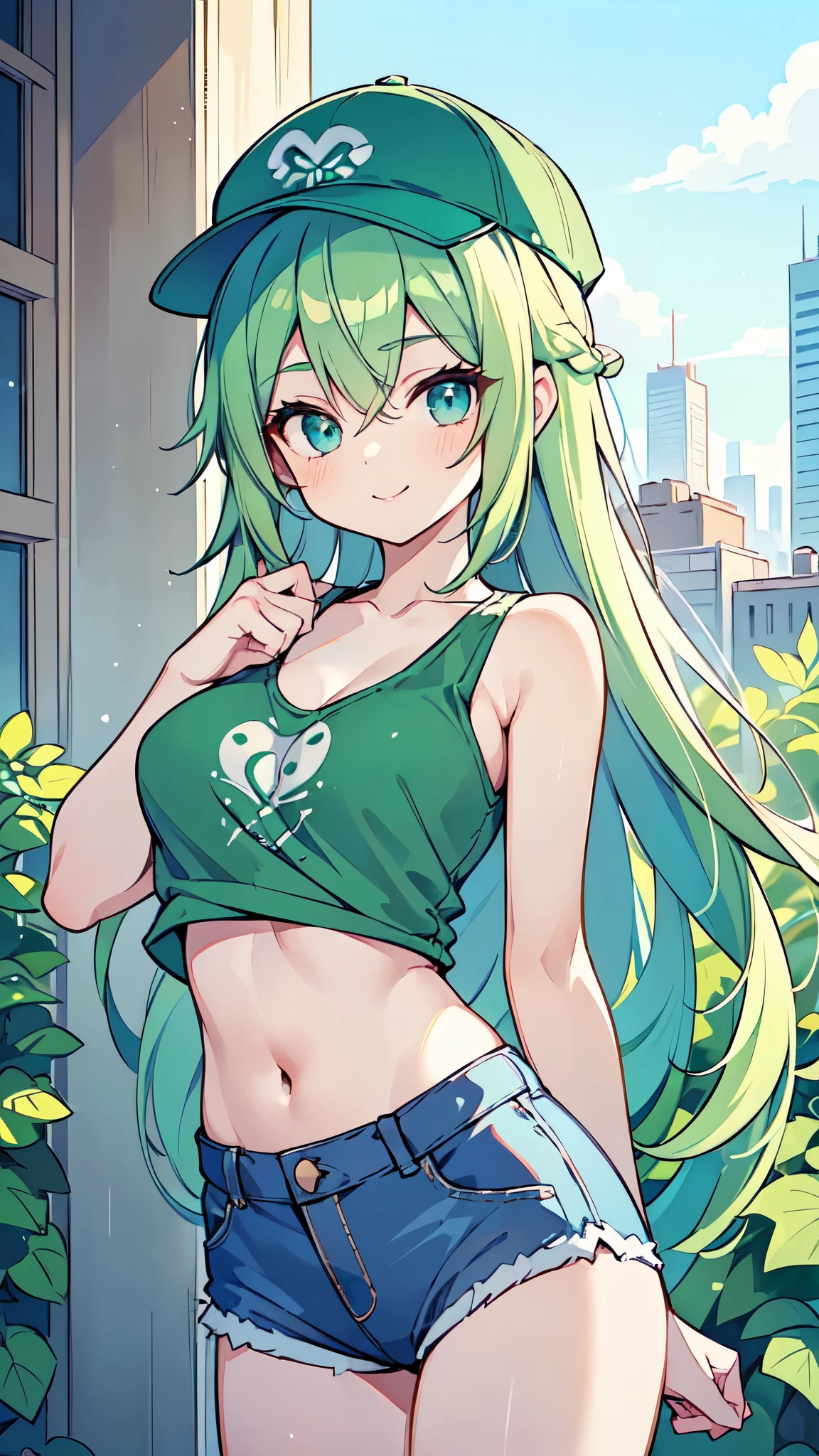 ((A Pretty girl with green hair and blue eyes)), ((wearing the white tanktop and hot pants)), ((a cap)), Baby face, ((top-quality, master piece, ultra-definition, high resolution)), anime girl, ((ultra-detailed illust:1.2)), only one person, bangs, hair between eye, beautiful hair, Beautiful eyes, medium breast, Big smile, cityscape