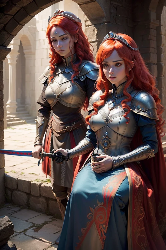 (Beautiful royal princess woman: 1.6) Female warrior with sword armor and ornate shield (Extremely exquisite and beautiful) (Game of Thrones Medieval) (Ancient ruins: 1.2) (Weight loss: 0.8) (Headquarters Skin: 2, Glowing skin) Soft lighting, Coat color: Red (Colorful hair: 1.5) (masterpiece: 1.2) (Realistic: 1.2) (Best quality) (Delicate skin: 1.3) (Intricate details) (HDR) (Film photography lighting) (sharp focus) (illustration: 1.1) (detailed) (fondo detailed) (Atmospheric volumetric fog: 1.1) Epic movie poster (wallpaper) (cable: 1.2) (embroidery: 0.5) (original photo: 1.2) ultra-high-solve (detailed面部特征) Shooting at eye level (solve: 8k) (Dynamic poses) Fuji XT3 (fondo de pantalla ultra detailed de Juego de Tronos 8K) role playing game (Gorgeous royal family)