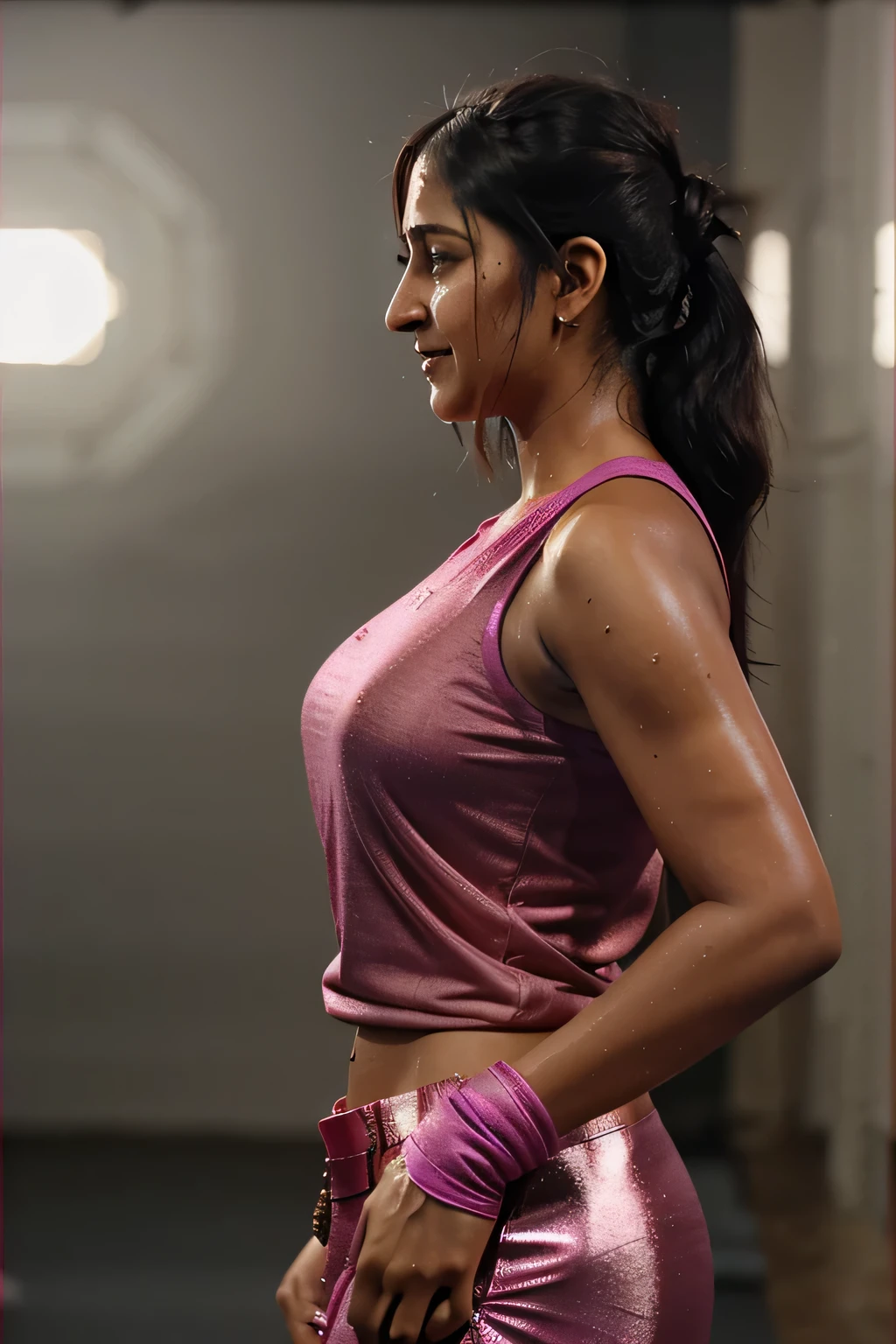 Looks like Anushka Shetty,side view,side profile,viewed from side,hugging,holding tightly,warm embrace,arms wrapped around,smiling,sensual expression,side profile view,31 year old woman,not too skinny,slightly chubby ,studio quality,sweat,sweating ,sleeveless,exhausted,tired,boxing gloves,pink blouse,