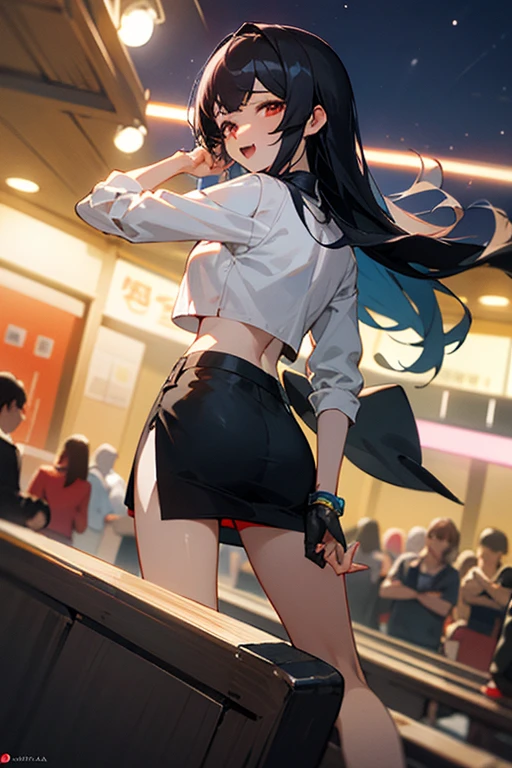 ((mejor calidad)), ((Obra maestra)), (detallado), cara perfecta, Joven de cabello negro largo y lacio, ojos rojos, pale skin, asian factions, 19 years, esbelta, busto mediano, bonitas curvas, estilo anime, elegante, only character in the image, red eyes, waiting for you, cute face, sexy, in love with the viewer, in night club, club, night, black hair, drunked, orgasm face, horny, sexy crop top, micro skirt