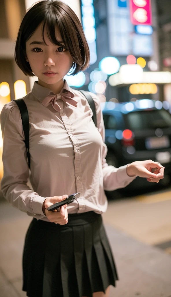 (8k, original photo, best quality, masterpiece:1.2), (Practical, photo-Practical:1.37), Super detailed,
1 girl,Lovely, Solitary,Beautiful and detailed sky,Detailed Tokyo streets,night,
Medium breasts,Beautiful and delicate eyes,(Collared shirt:1.1), bow tie,Pleated Skirt,(short hair:1.2),Flowing hair