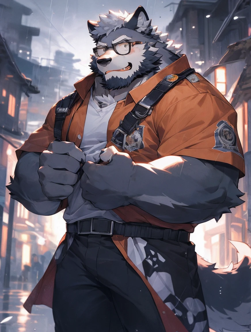 hairy，（Wolf，Black-rimmed glasses，Orange Firefighter Costume），beard，White fur，male，Common，full-body shot， Dynamic poses，giggle，Rainy Day，night，dark night，Detailed background，极其lifelike阴影，masterpiece，Very detailed，lifelike