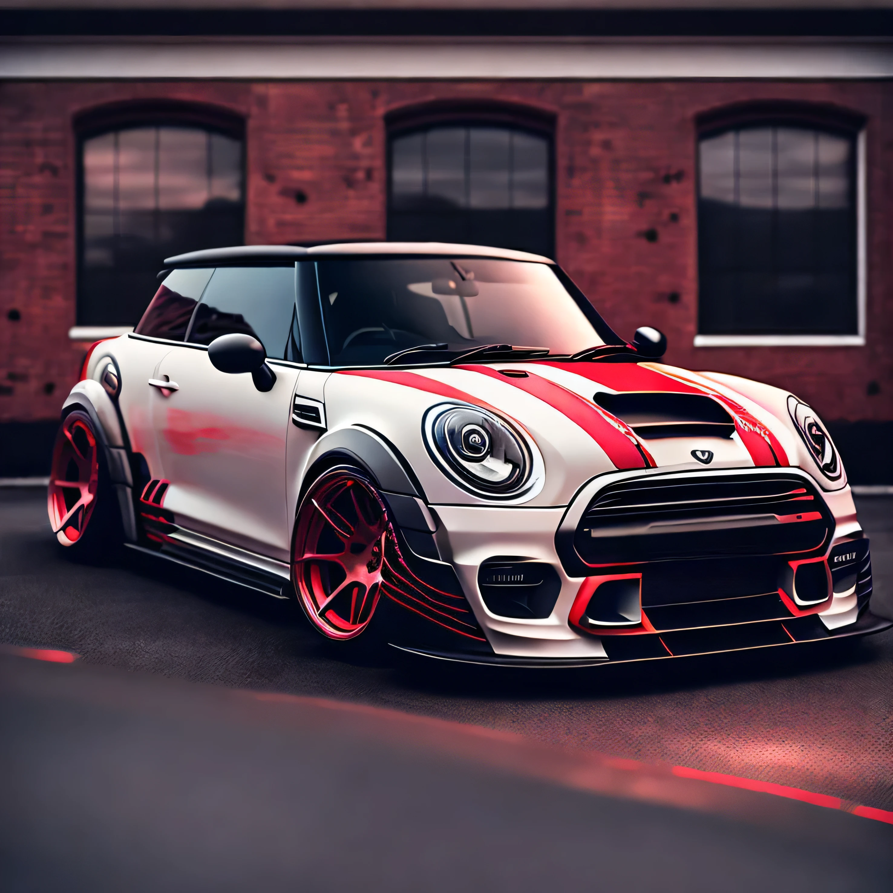Artwork for t-shirt graphic design, a modern graphic design, classic white Mini Cooper S, ((carbon fibre, Liberty walk ultra wide body kit)), aggressive stance ((background: outside old industrial style building, large windows in background, overcast sky, heavy industrial look, cobble stone street)), 8K quality, realistic, realism, sharp, detailed, ultrawide, black and carbon fibre and deep candy colour scheme, front profile, epic stance, epic ultra wide body kit, super low stance, aggressive looks , street, bold red, background British flag in vintage pastel tone, highly detailed clean, vector image, realistic masterpiece, professional photography, realistic car, car sunrise background, flat black background, isometric, vibrant vector