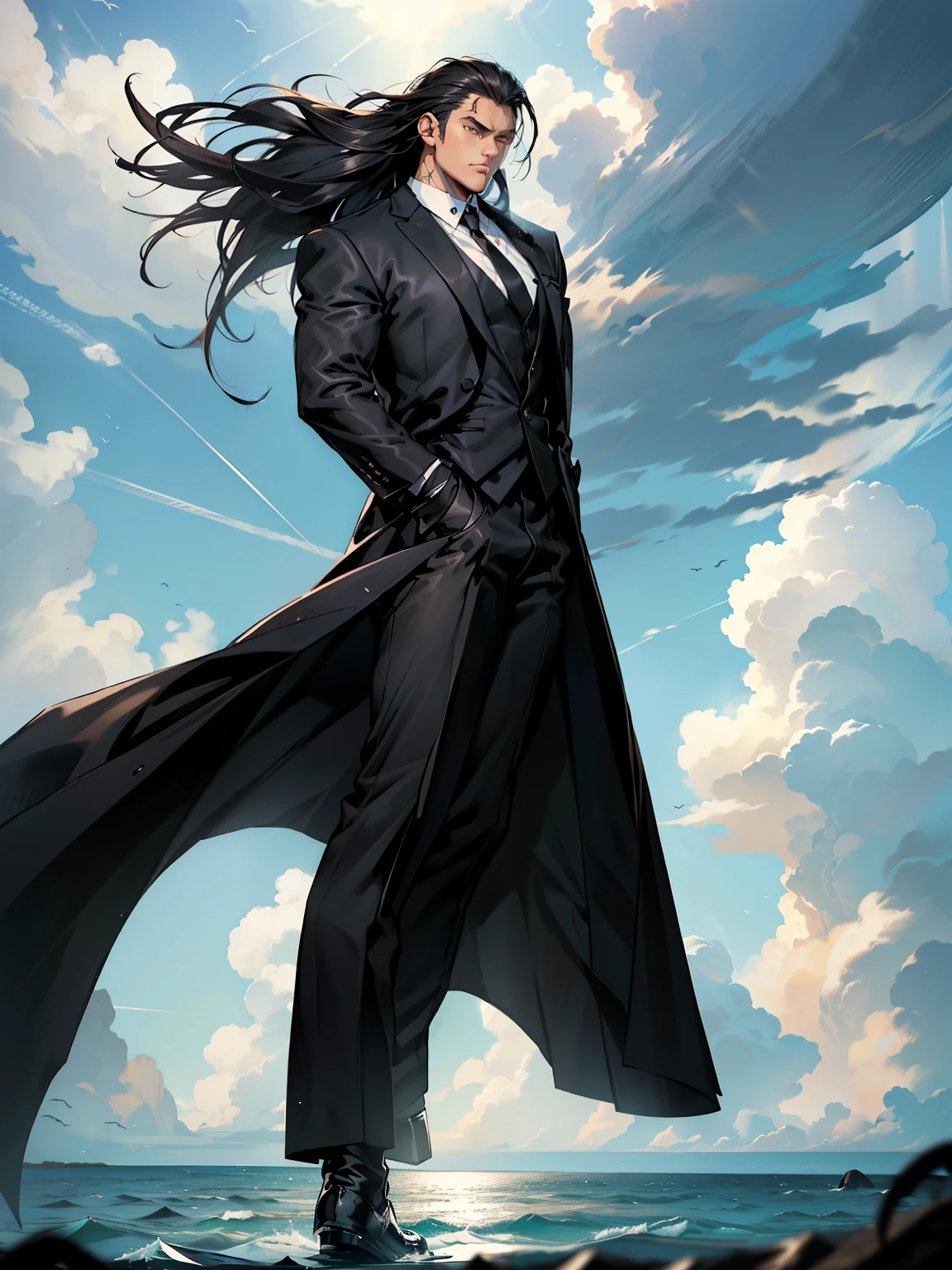 boys 26 Years old, juvenile, Serious face, brown eyes, black hair, brown eyes, muscular, ((hands cross behinds back)), wearing ((black long suit with white shirt, black tie,), black highcut boots, levitated on air, ocean, blue sky, cloudy 