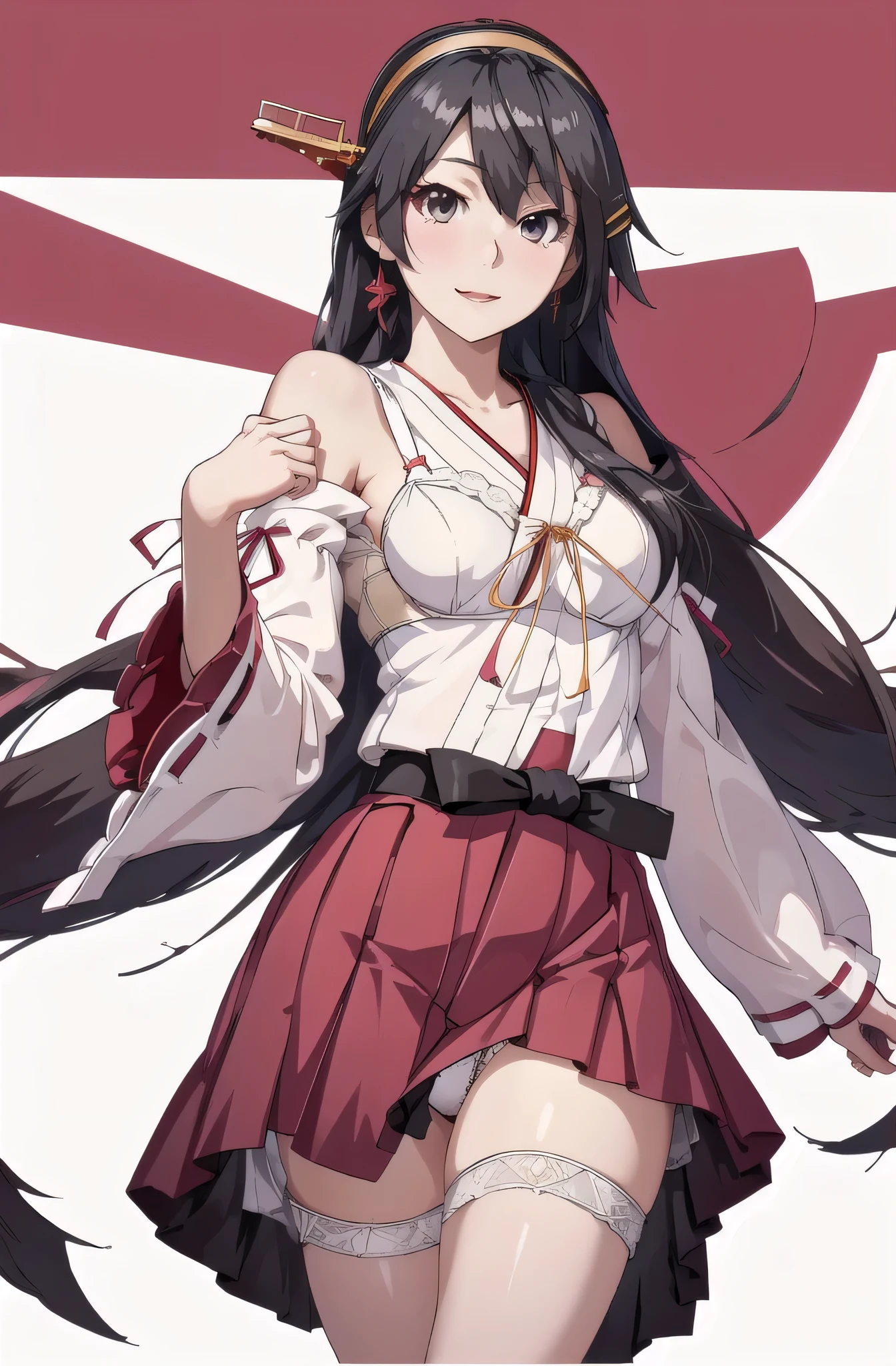 highest quality, masterpiece, High resolution, One person in, {Aaron_Fleet Collection:1.15}, black_hair, length_hair, hair_ornament, hairband, Brown_eye, hairclip, red noodles, smile, headgear, chest, Non-traditional_Miko, hair_between_eye, One girl, independent_sleeve, Japanese_Clothes, Looking_in_Audience, red_skirt, ribbon-trimmed_sleeve, ribbon_trim, skirt, just_shoulder, Simple_background, white_background, Open_mouth, sarashi, wide_sleeve, (panties), (bra), (In underwear), (lingerie), (Office background, Living room background)