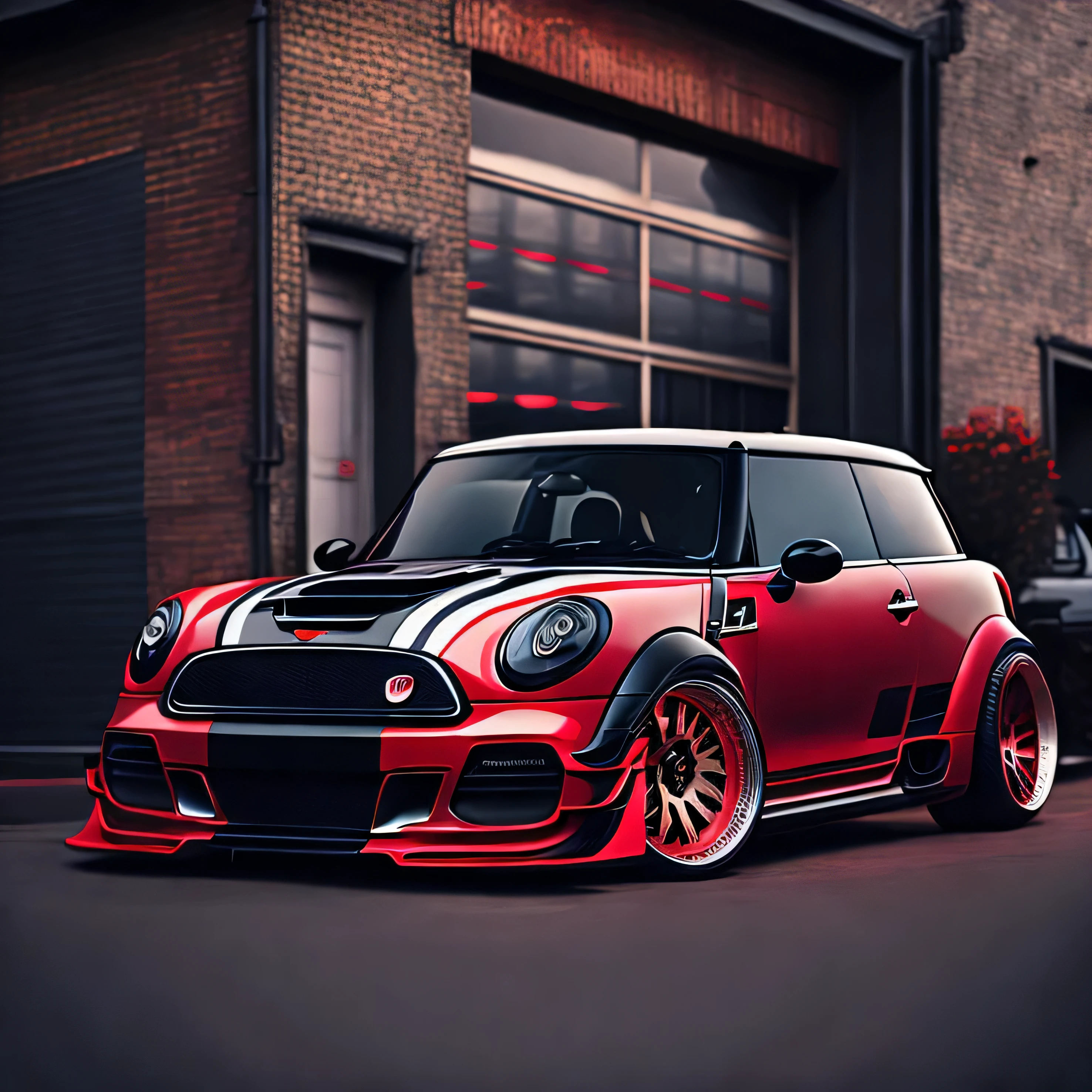 Artwork for t-shirt graphic design, a modern graphic design, classic white Mini Cooper S, ((carbon fibre, Liberty walk ultra wide body kit)), aggressive stance ((background: outside old industrial style building, large windows in background, overcast sky, heavy industrial look, cobble stone street)), 8K quality, realistic, realism, sharp, detailed, ultrawide, black and carbon fibre and deep candy colour scheme, front profile, epic stance, epic ultra wide body kit, super low stance, aggressive looks , street, bold red, background British flag in vintage pastel tone, highly detailed clean, vector image, realistic masterpiece, professional photography, realistic car, car sunrise background, flat black background, isometric, vibrant vector