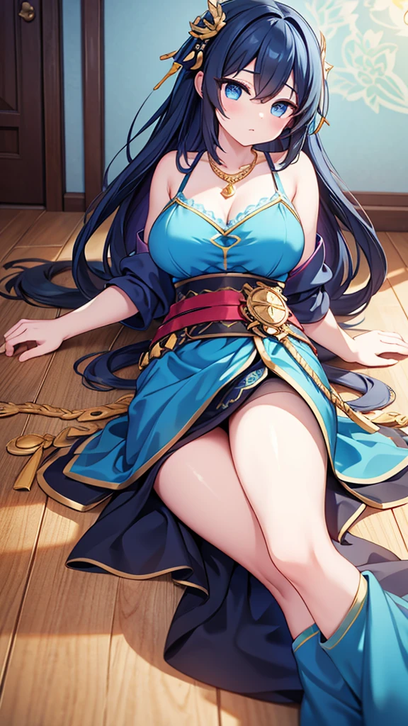 arafed woman in a blue dress with a gold belt and a necklace, 3 d render character art 8 k, trending on cgstation, chengwei pan on artstation, inspired by Lan Ying, 8k artgerm bokeh, 8k high quality detailed art, deviantart artstation cgscosiety, cgsociety 8k, cgsociety 8k, lying down on the floor, side view