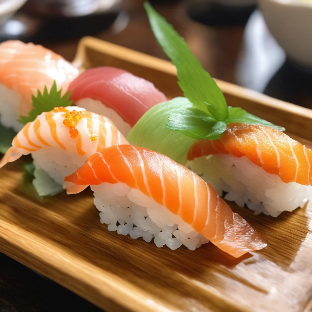 quality\(8k,wallpaper of extremely detailed CG unit, ​masterpiece,hight resolution,top-quality,top-quality real texture skin,hyper realisitic,increase the resolution,RAW photos,best qualtiy,highly detailed,the wallpaper,cinematic lighting,ray trace,golden ratio\), BREAK ,((a very fresh and beautiful single simple sushi\(nigiri sushi\) on a sushi bar counter)),soy sauce dish,chop sticks,green tea in a japanese tea cup,wasabi,at japanese sushi bar,very fresh fishes,(close up sushi)