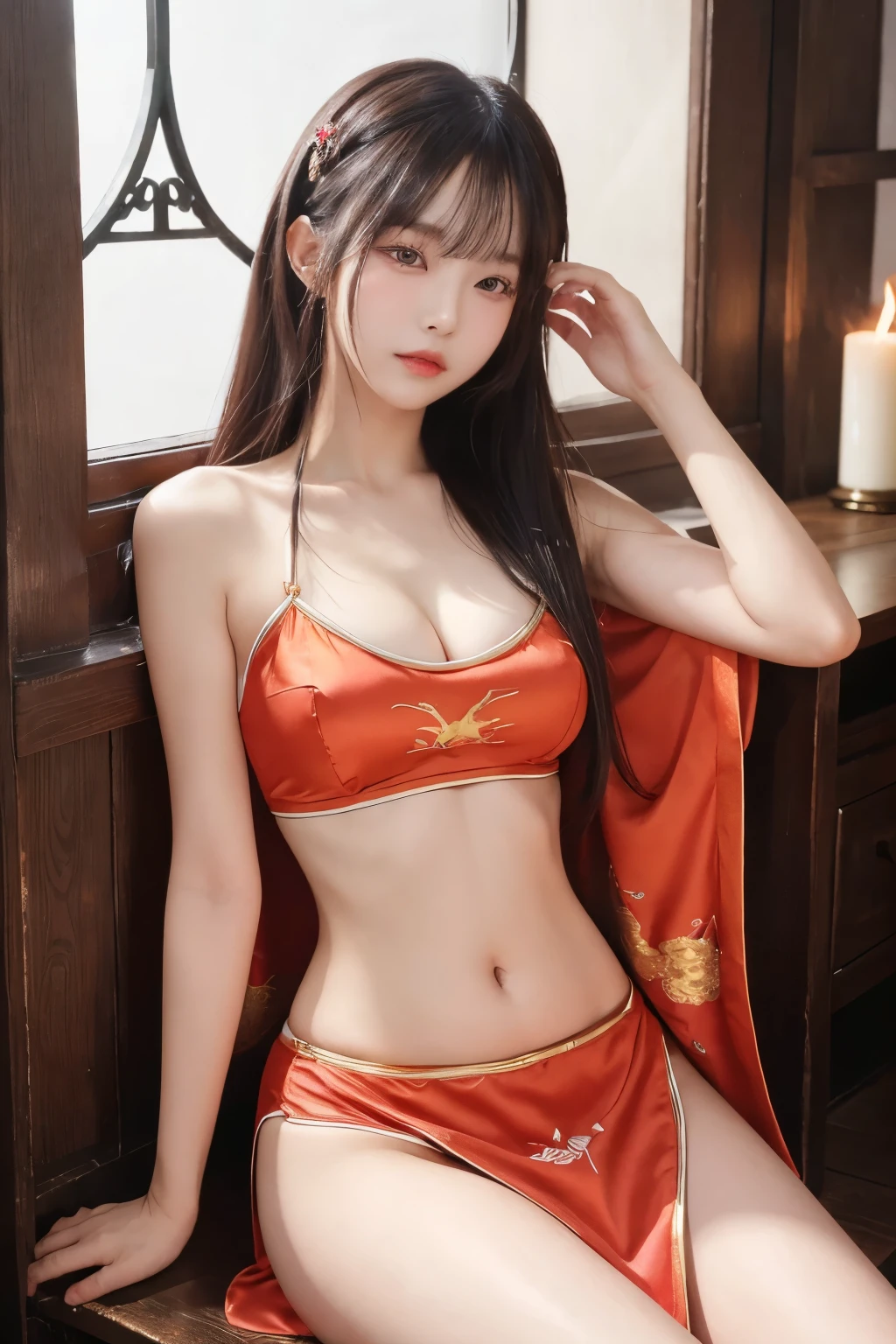 beautiful a girl、high-level image quality、Like a shot with an SLR、((glamour)), ((Sensual body))、 Beautiful legs, korean traditional dress, take a slit in the clothes on the thigh、flame fantasy background, sitting, navel sterr