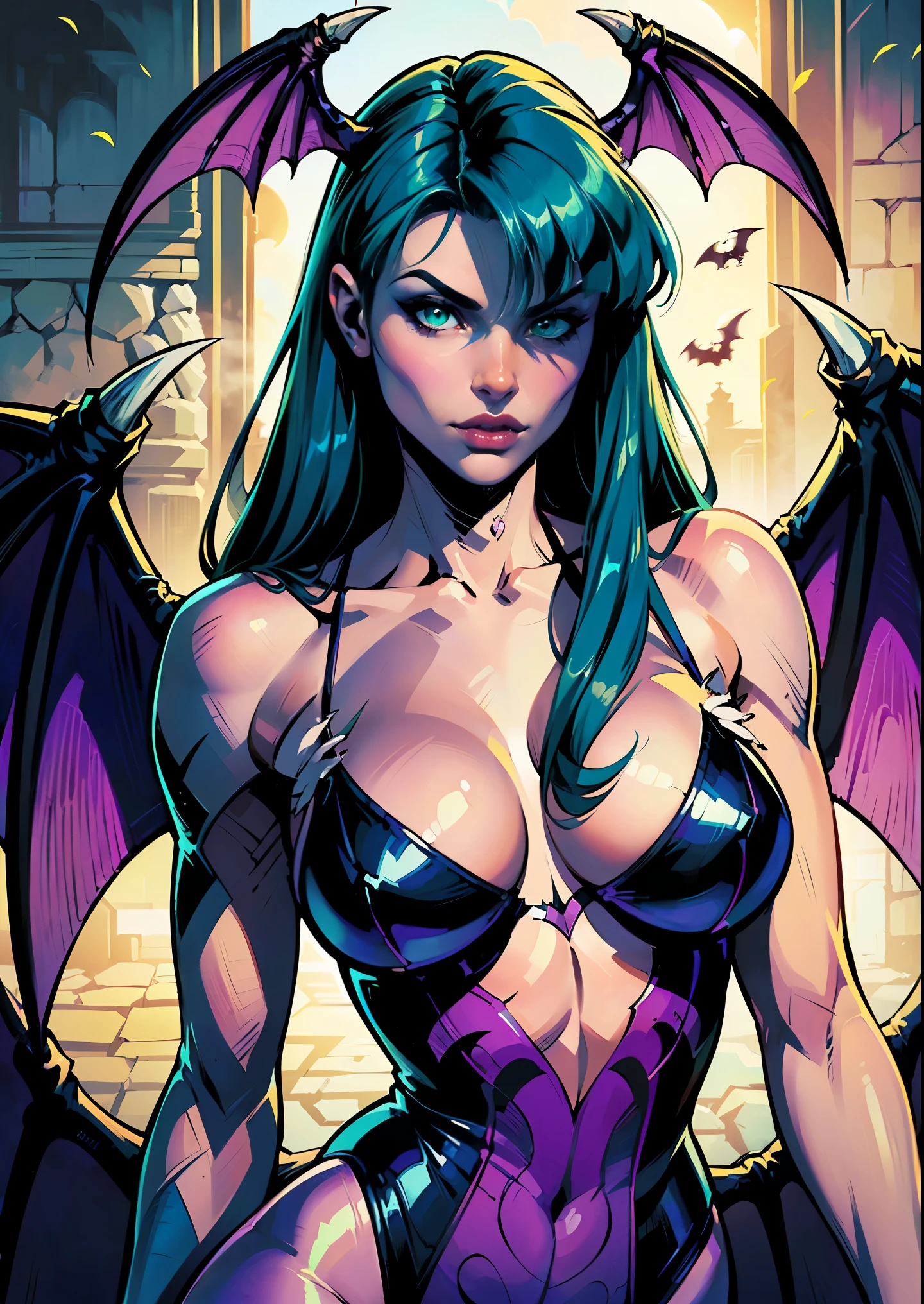 ((Morrigan Aensland in comics style)), greeneyes, ((bat wings on the back)),(( Bat wings on Morrigan Aensland&#39;s head)), ((long green hair)), black swimsuit, (lilac legs), (light lilac legs), purple pants fitted with silhouettes of purple bat symbols, black ankle boots, green aura, small, thin green smoke exhaling from the character, night environment with the full moon in the background, burning scenery in the background, fire in the background, fire in the background, warm lighting at night. 