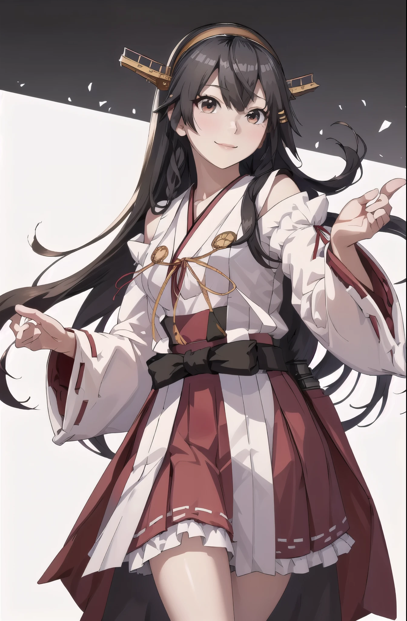 highest quality, masterpiece, High resolution, 一人in, {Aaron_Fleet Collection:1.15}, black_hair, length_hair, hair_ornament, hairband, Brown_eye, hairclip, red面, smile, headgear, chest, Non-traditional_Miko, hair_between_eye, One girl, independent_sleeve, Japanese_Clothes, Looking_in_Audience, red_skirt, ribbon-trimmed_sleeve, ribbon_trim, skirt, just_shoulder, Simple_background, white_background, Open_mouth, sarashi, wide_sleeve, ((オフィスbackground, リビングbackground))