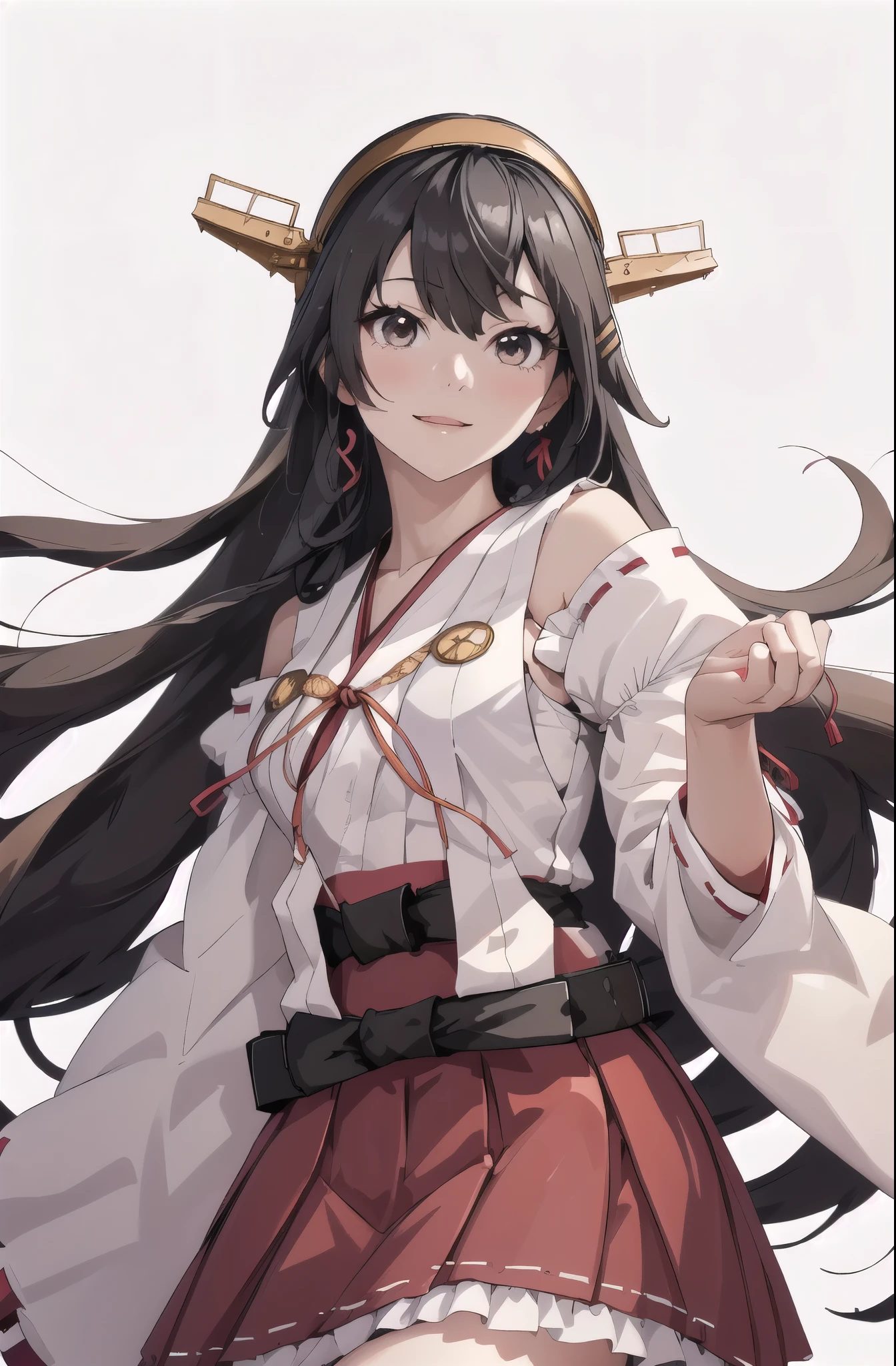 highest quality, masterpiece, High resolution, 一人in, {Aaron_Fleet Collection:1.15}, black_hair, length_hair, hair_ornament, hairband, Brown_eye, hairclip, red面, smile, headgear, chest, Non-traditional_Miko, hair_between_eye, One girl, independent_sleeve, Japanese_Clothes, Looking_in_Audience, red_skirt, ribbon-trimmed_sleeve, ribbon_trim, skirt, just_shoulder, Simple_background, white_background, Open_mouth, sarashi, wide_sleeve, ((オフィスbackground, リビングbackground))