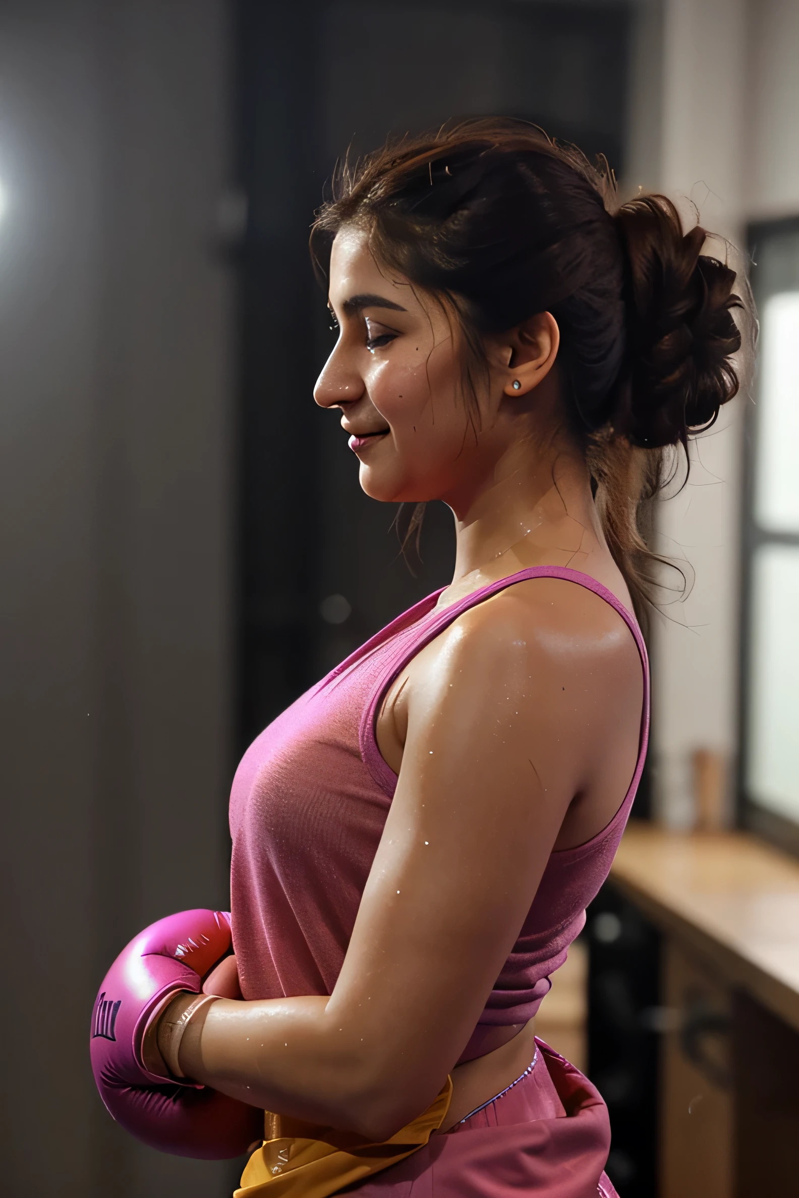 Looks like Alia Bhatt,side view,side profile,viewed from side,hugging,holding tightly,warm embrace,arms wrapped around,smiling,sensual expression,side profile view,31 year old woman,not too skinny,slightly chubby ,studio quality,sweat,sweating ,sleeveless,exhausted,tired,boxing gloves,pink blouse,