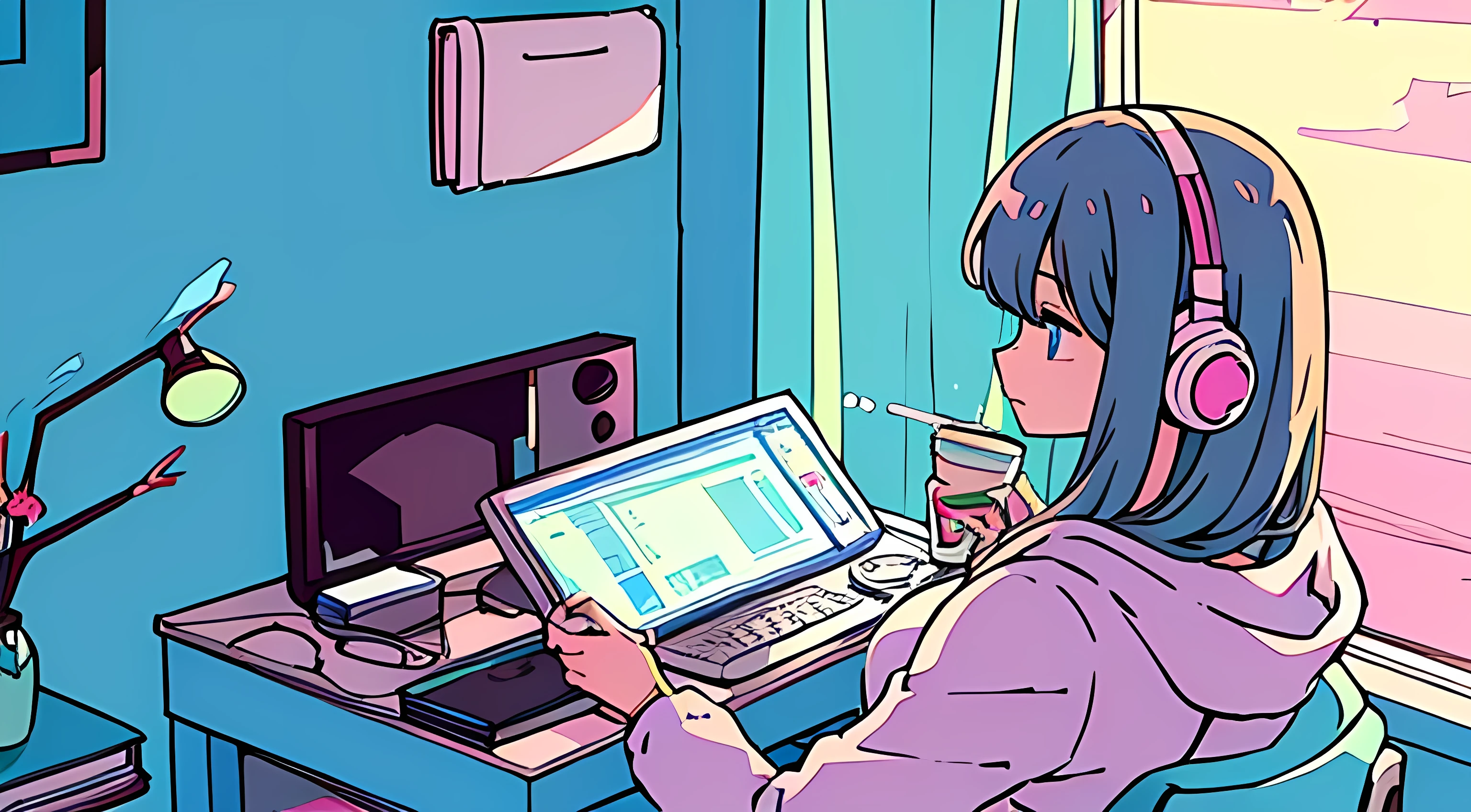 pastel colour、A beautiful girl studying at a desk in her room while listening to music with headphones、radio、Coffee cup、 quiet night,Japanese anime