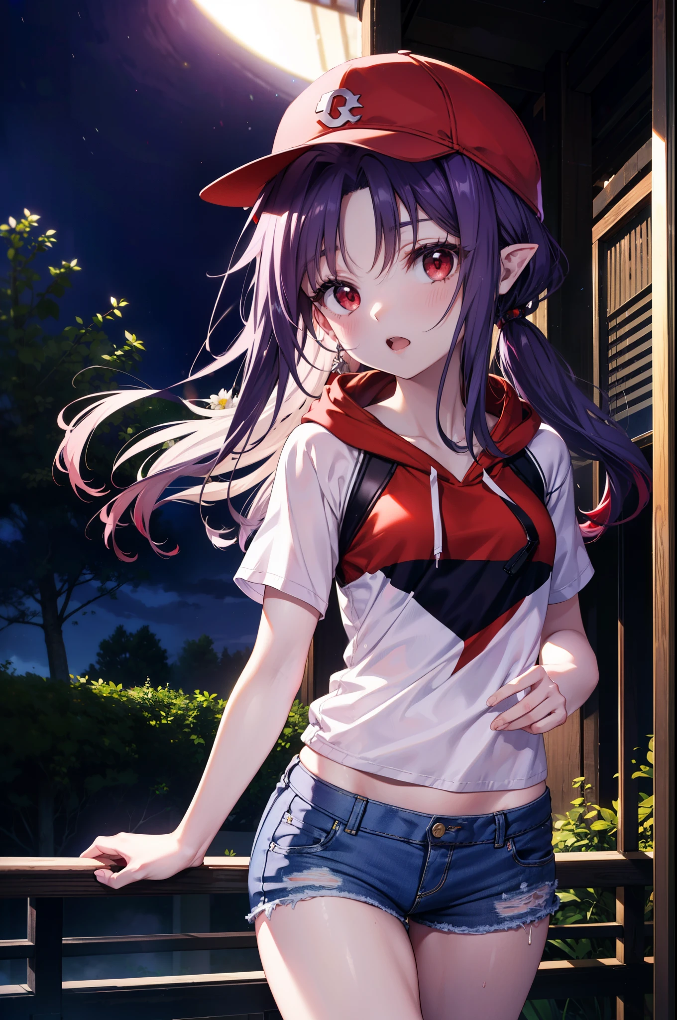 yuukikonno, Konno Yuuki, Long Hair, Pointed Ears, Purple Hair, (Red eyes:1.5), (Small breasts:1.2), Open your mouth,Purple hoodie,Short sleeve,Baseball hats,Hoodie hood up,Red tank top shirt,Short denim,Red knee-high socks,High-top sneakers,night,moonlight,
break looking at viewer, Upper Body, whole body,(Cowboy Shot:1. 5),
break outdoors, forest, nature,
break (masterpiece:1.2), highest quality, High resolution, unity 8k wallpaper, (figure:0.8), (Beautiful fine details:1.6), Highly detailed face, Perfect lighting, Highly detailed CG, (Perfect hands, Perfect Anatomy),