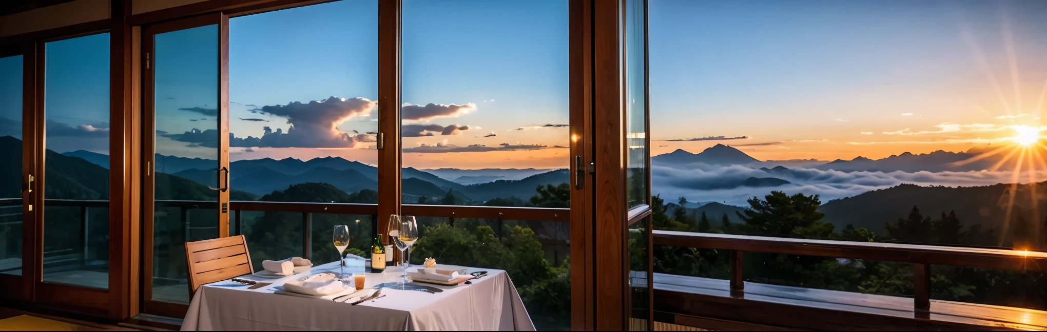 hair, Hmm., highest quality, masterpiece: 1.2), (Realistic, photoRealistic: 1.37), Spectacular view of the sunset shairy and clouds、Amazing mountain views、Japanese sahaire、Sahaire Glass、Japanese food、Kappo cuisine、Superior Hotel、dinner、Hot Springs Inn、table、Champagne、sparhairling wine、White wine, slim, wine glass, Very beautiful night view、