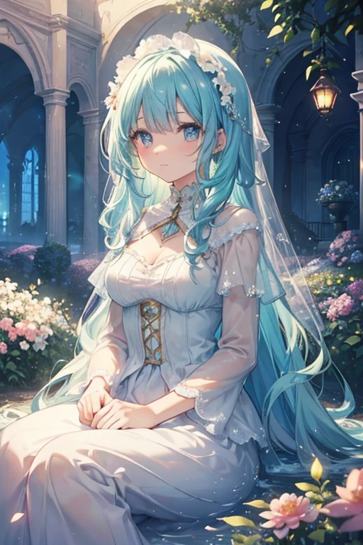(high quality, 8k), (Soft Light), Iridescent, One Girl, Detailed face, Beautiful Eyes, watercolor paiting, So magical and dreamy, Dreamy details, Dreamy atmosphereとドラマ, Gorgeous atmosphere, Fantastic and beautiful lighting, Dreamy atmosphere, Beautiful atmosphere, Dreamy Romantic, Fantastic and dreamy theme, Magical atmosphere, Beautiful atmosphere, Anime Background Art, Magical atmosphere + Tabletop, Dreamy aesthetics, Beautiful details with atmosphere, Lots of flowers, bubble, water, garden, Sit on the ground, Shining Eyes