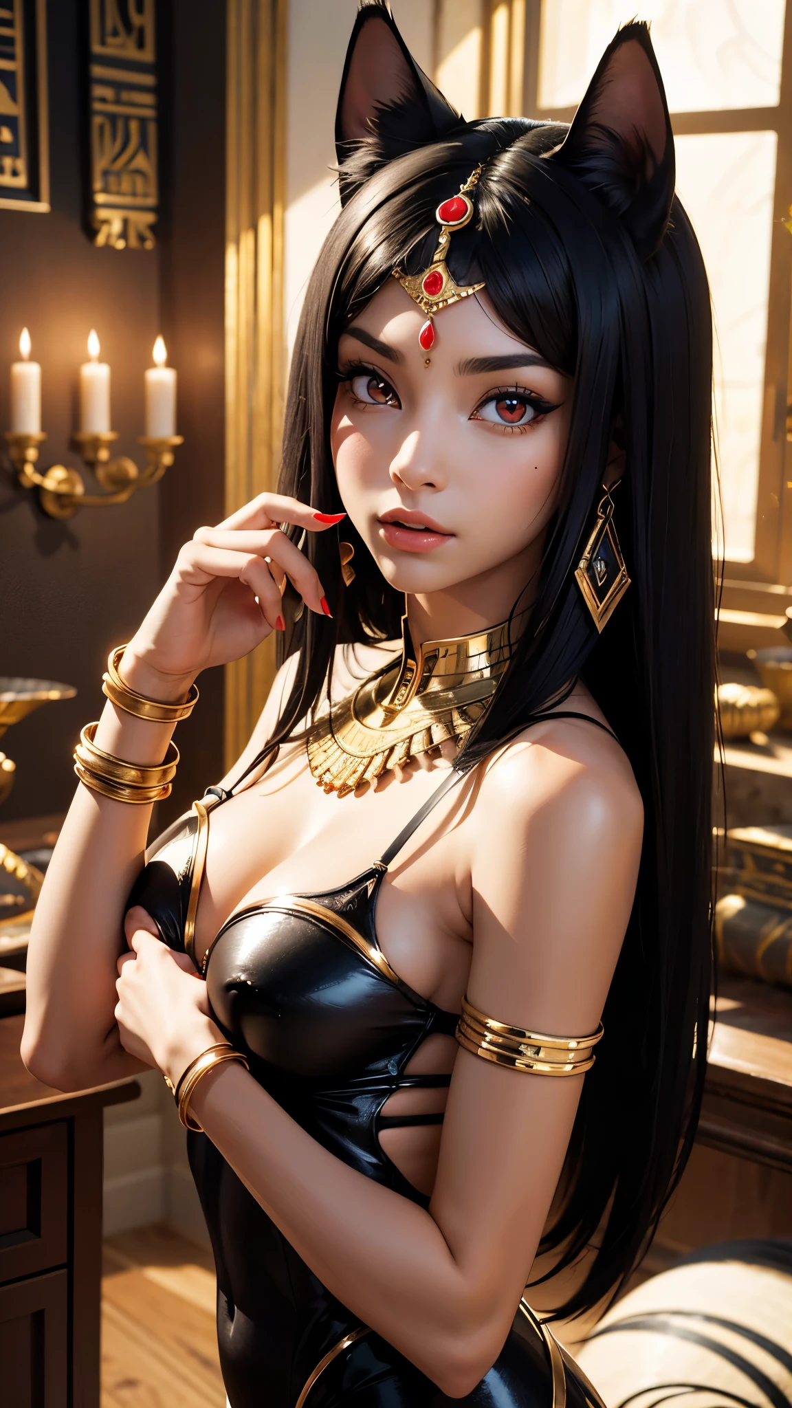 (masterpiece, best quality, highres:1.2), 1girl, solo, ultra-detailed, photorealistic anthropomorphic animal, Pharaoh, Egypt, Bastet, Egyptian goodness, pharaoh woman, cat girl, cat sphinx, onyx skin, monster girl, furry, detailed body, detailed hands, correct fingers, Egyptian-themed bedroom, luxurious silk cloth, golden jewelry, mesmerizing red eyes, mysterious aura, sharp claws, vibrant colors