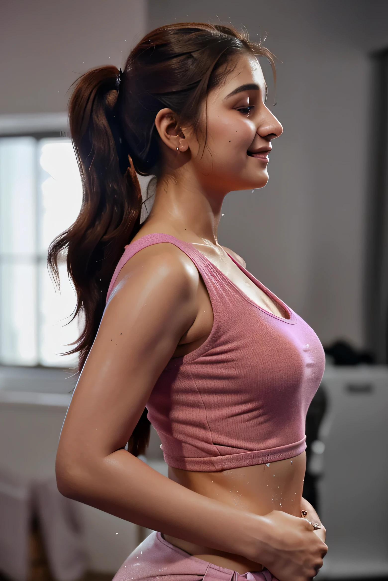 Looks like Alia Bhatt,side view,side profile,viewed from side,hugging,holding tightly,warm embrace,arms wrapped around,smiling,sensual expression,side profile view,31 year old woman,not too skinny,slightly chubby ,studio quality,sweat,sweating ,sleeveless,exhausted,tired,boxing gloves,pink blouse,