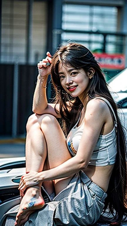 Very detailedな CG Unity 8k 壁紙, highest quality, Very detailed, masterpiece, Realistic, photo Realistic, Very detailedなかわいい女の子, Age 25, ((From the whole body to the toes:1.3))、((From the whole body to the toes))、((Side Shot:1.3))、((Side Shot))、((Sit on the hood of a car))、(sit in the engine compartment of a car)、(Natural pose),(Model pose)、(Big Breasts)、(Big Ass)、(smile at the camera)、( smile ),(Full Body Shot:1.3) ,(Side view:1.3)、(Side Shot:1.3)、(ponytail)、(photoRealistic:1.3)、((Wear a sponsored grid girl costume,Logo is printed)), ((Dolphin Shorts)) , (Participate in a motorsport race),