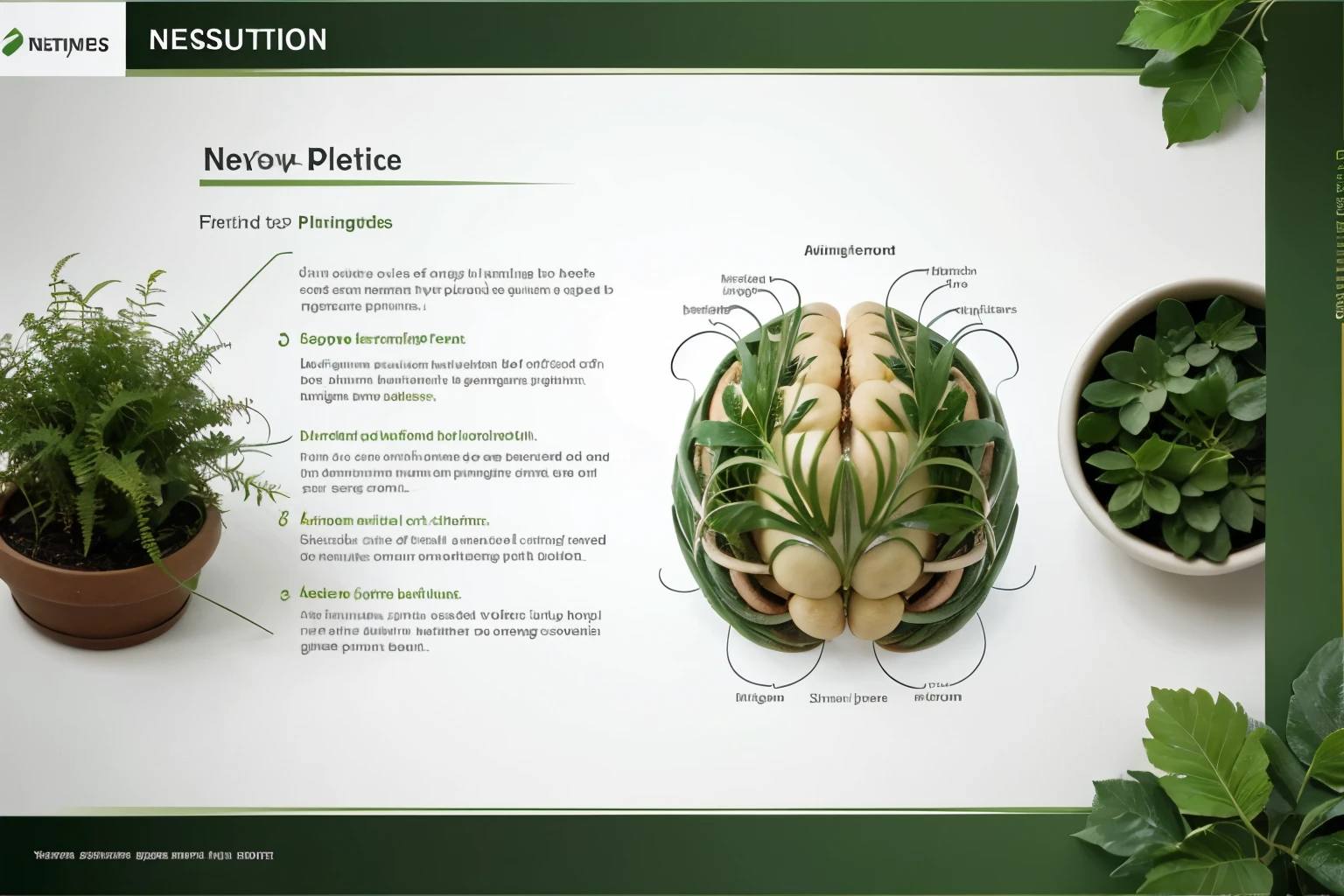 A PPT template,Fresh green,Anime style,Related to the brain and nerves,No characters,There should be green plants on the cover,No meaningless shapes,No real-world objects should appear