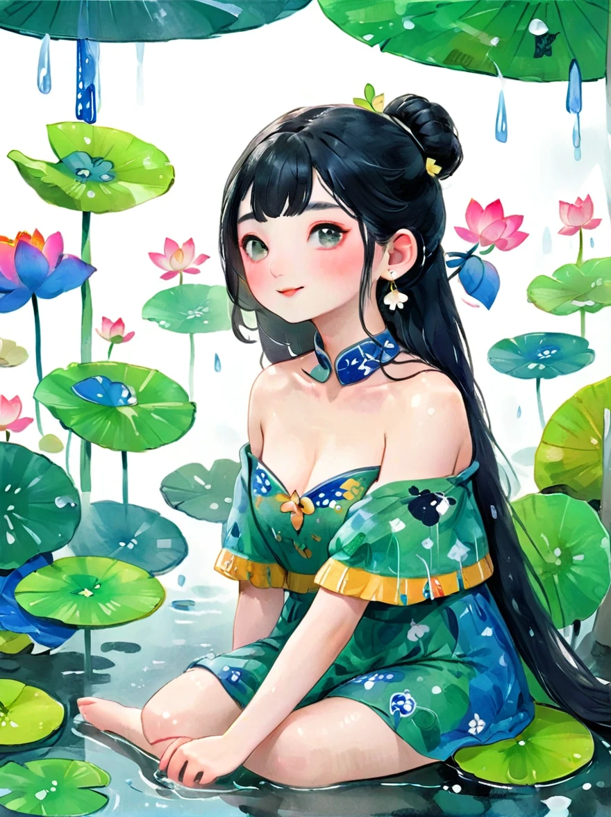 1 Girl，whole body，leg，裸露的大leg，(rain)，(Gentle smile)，Bare shoulders，胸部被覆盖lotus叶，Cleavage，clavicle，neck，(fog，薄fog)，earrings，solo，White(lotus)，Black Hair，Looking at the audience，Long hair，portrait，Lips，Hair Bun，make up，Poker face，black eyes，Green，(Lotus Leaf)，Every time，Soft Light，Fine brushwork and ink painting style，(masterpiece:1.2)，(Best quality:1.2)，high resolution，Extremely detailed 8k wallpapers，very clearly，lifelike