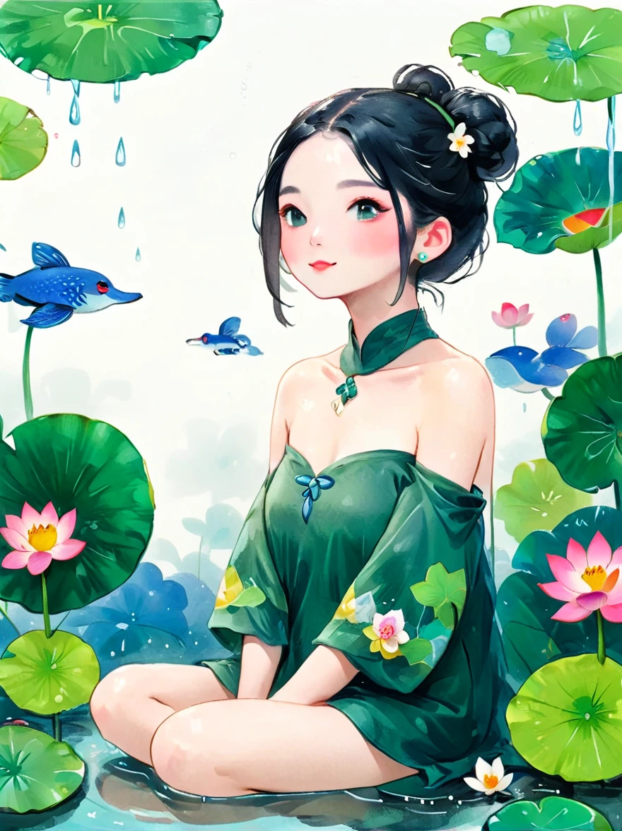 1 Girl，whole body，leg，裸露的大leg，(rain)，(Gentle smile)，Bare shoulders，胸部被覆盖lotus叶，Cleavage，clavicle，neck，(fog，薄fog)，earrings，solo，White(lotus)，Black Hair，Looking at the audience，Long hair，portrait，Lips，Hair Bun，make up，Poker face，black eyes，Green，(Lotus Leaf)，Every time，Soft Light，Fine brushwork and ink painting style，(masterpiece:1.2)，(Best quality:1.2)，high resolution，Extremely detailed 8k wallpapers，very clearly，lifelike