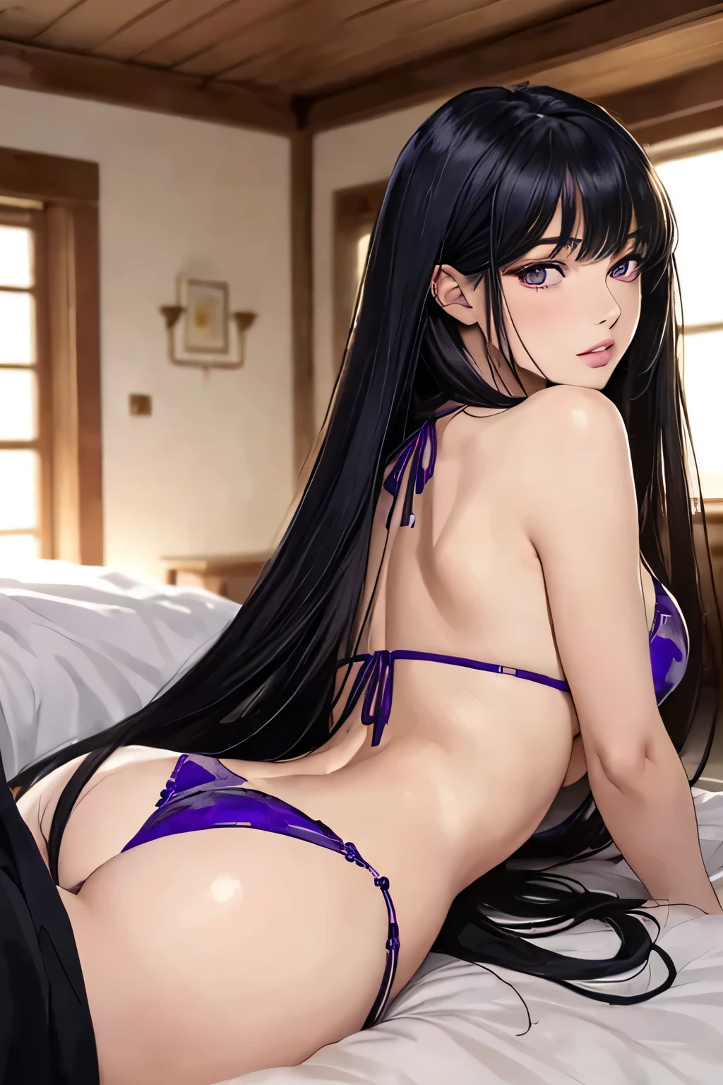 ((best quality)), ((masterpiece)), (detailed), perfect face, perfect face, 1 Women, violet slit eyes, long black hair, Straight across bangs, grown-up face, parted lips, medium breasts, bikini, lower body, (lying forward:1.3), Stimulating, (anime coloring:1.1), (back angle:1.3), (bed room),