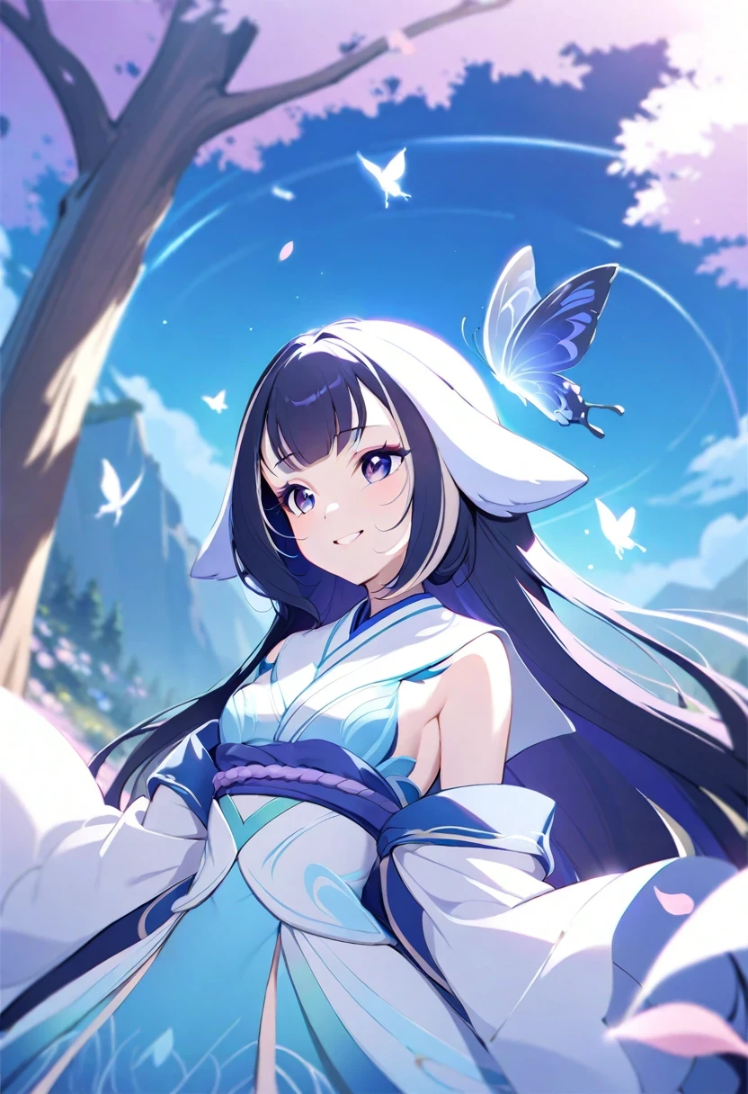 (shylily/(Twich/):1.5),(masterpiece:1.2),(best quality:1.2),(32k), ,(1 girl, Shrine maiden, coat, Expression face, Look ahead , Walk, Upper Body), (Wandering sky at night, There is a huge old tree behind, Shiny pink petals fall behind, The shrine behind, Mountain background, Blowing, Meteor Cloud), (cute Smile), (32k), (Beautiful cute girl), (butterfly ornaments), (Butterfly Dress), ((Many butterflies)), (((Background of many flowers))), (((Bright background))), (Beautiful World), (lovely world), Smile,