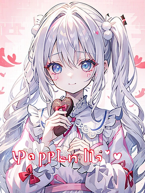 girl、pale blonde hair、(Side ponytail tied around the temporal lobe)、((The end of the ponytail is fluffy))、((BREAK))、blue eyes、beautiful eyes、big ribbon in hair knot、(Voluminous long-sleeved dress with lace)、(Embarrassed look)、((BREAK))、(((Valentine)))、holding a wrapped chocolate in his hand、chocolate present、((BREAK))、((Heart line pattern background:1.2))、close up of face、smile