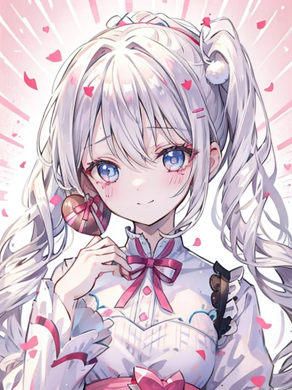 girl、pale blonde hair、(Side ponytail tied around the temporal lobe)、((The end of the ponytail is fluffy))、((BREAK))、blue eyes、beautiful eyes、big ribbon in hair knot、(Voluminous long-sleeved dress with lace)、(Embarrassed look)、((BREAK))、(((Valentine)))、holding a wrapped chocolate in his hand、chocolate present、((BREAK))、((Heart line pattern background:1.2))、close up of face、smile