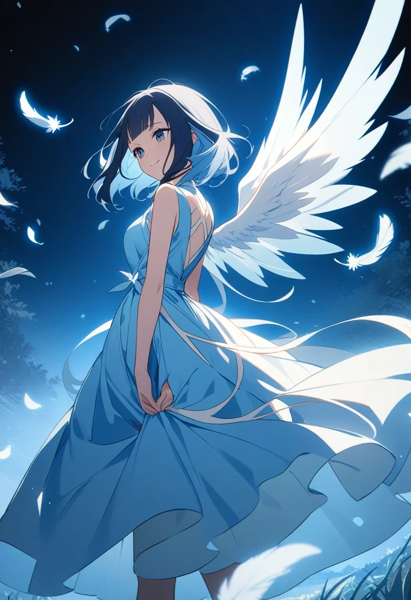 (((A far shot))) of a black-haired anime girl, (standing in the (snowfield), ((strong sunlight)), cinematic light, slim body, skin is perfectly healthy, soft, and smooth, Extremely delicate and beautiful CG illustration, best quality, high resolution, dynamic angle, full-length lens, (1 girl), floating, soft light, high-key lighting), glowing light, blue halo, feathers fluttering background, blue crystal, (((wearing nothing but a white (pure) (transparent) tank top))), ((very cinematic)), ((no skirt)), feet visible