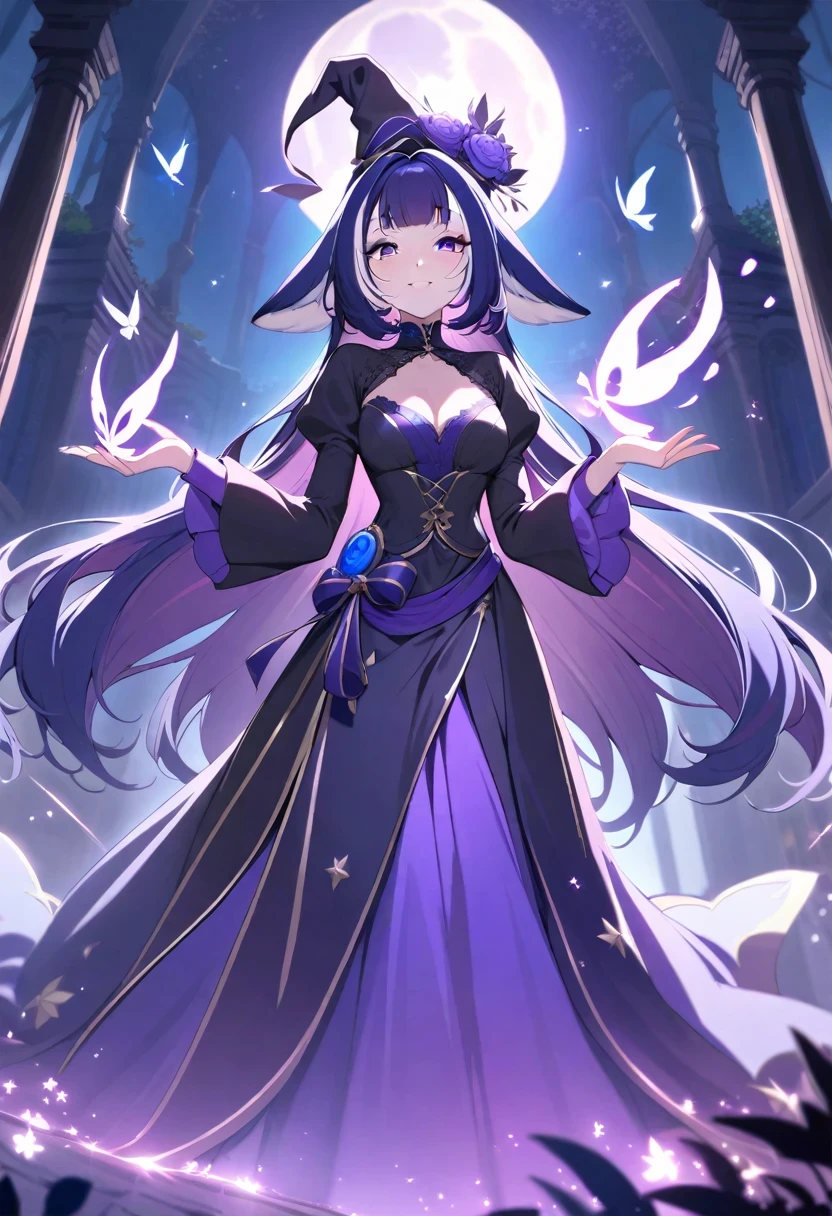 (shylily/(Twich/):1.5),(masterpiece:1.2),(best quality:1.2),A  boy joins a witch coven，And was endowed with female talents, He was transformed by magic into a cute teenage wizard girl, Transgender Ceremony, Pink Eyes, Black long hair, Very happy, Stunning black Victorian dress, Gorgeous dress design,Flowing robe,Delicate lace details,Rich texture,Contrast stitching,Delicate bow,Floral Decoration,Long skirt,High neckline,Long sleeve,Fit waist,Flared cuffs,Lace-up back,Luxurious fabrics,Perfect silhouette,High heel,Pointed hat, A magical transformation, Detailed facial features, glowing and vibrant Pink Eyes, flowing and glossy Black long hair, Happy and excited expressions, Cheerful and bright atmosphere, A girl with witchcraft who embraces her new identity, eager to learn magic, Surrounded by a mysterious aura, Spell books and potions in the background, In an abandoned castle in the middle of the forest, butterflies flying around, Moonlit Night，The full moon hangs high, Soft and elegant lighting, A group of friendly witches welcome a new girl to join the witch coven, Joyful celebrations and magical rituals, Female graceful movements, A cauldron filled with sparks and magical essence, Black and purple tones dominate the palette, Wonderful and charming atmosphere, Stunning and mesmerizing natural scenery, A feeling of empowerment and self-discovery.