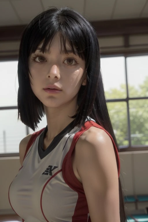 masterpiece, best quality, 1girl, detailed face features, beautiful face, jabami yumeko, black hair, grab volleyball, mature female, perfect female body, large breasts, standing, inside gym, looking at viewer, expressionless, wearing sleeveless volleyball uniform, croptop, red eyes