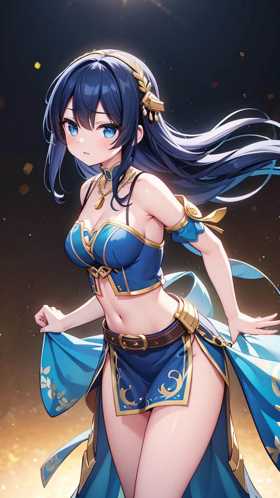 arafed woman in a blue dress with a gold belt and a necklace, 3 d render character art 8 k, trending on cgstation, chengwei pan on artstation, inspired by Lan Ying, 8k artgerm bokeh, 8k high quality detailed art, deviantart artstation cgscosiety, cgsociety 8k, cgsociety 8k, leaning forward 