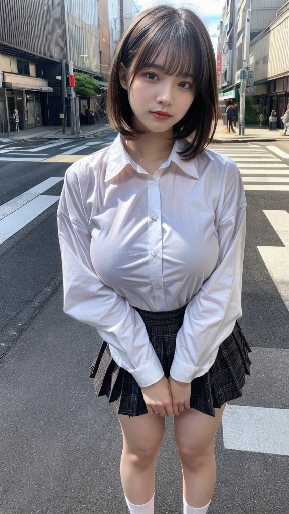 muste piece, best quality, illustration, Super detailed, fine details, High resolution, 8K,wall paper, perfect dynamic composition,(Details High quality, realistic depiction of eyes:1.3), short bob hair,  street snap, (Oversized_Shirt:1.2)、Oversized_Shirt, ((facing viewer)), at the street in tokyo, Layered Cut, black hair color, Big Natural Color Lip, sexy pose, crying a little、cold gaze, Harajuku style、20 year old girl、cute type、lolita, hposing Gravure Idol, full body photo, huge breasts