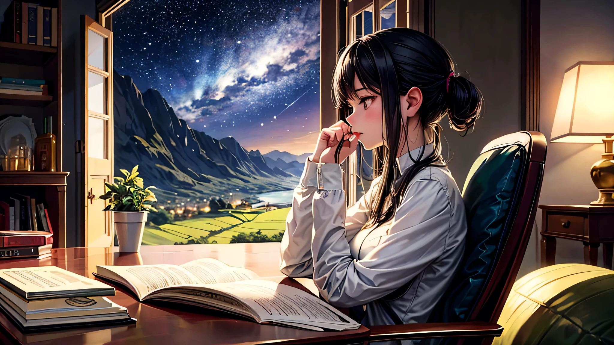alone, Singular light, woman, face seen from the side, sideways, cosmic, fantsy, looking away:1.4, adult, busty, Ghibli-like design, living room, sitting, dark hair, studying, Completely, landscape orientation, side view, music